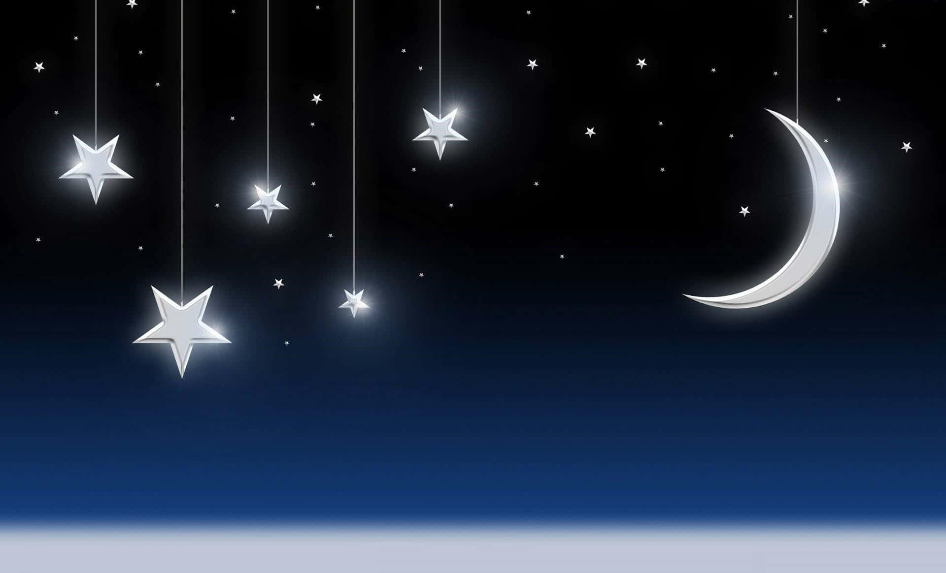 銀色星星和彎月懸掛在深藍色夜空中。