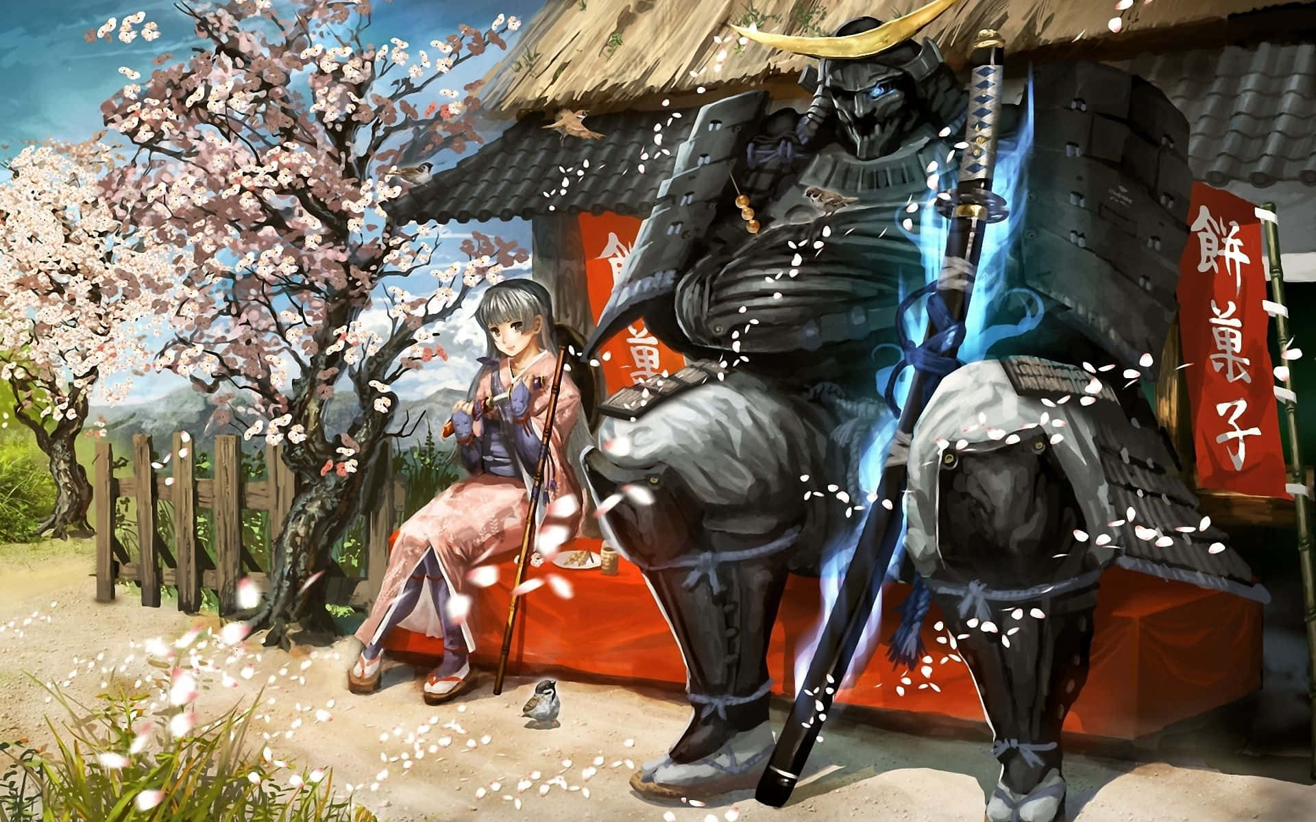 欣賞這幅宏偉的動漫藝術壁紙 壁紙 — 一個寧靜的動漫場景，描繪一位身穿暗色鎧甲的武士和一位身穿粉色和服的少女，在傳統日本商店附近盛開的櫻花樹下。