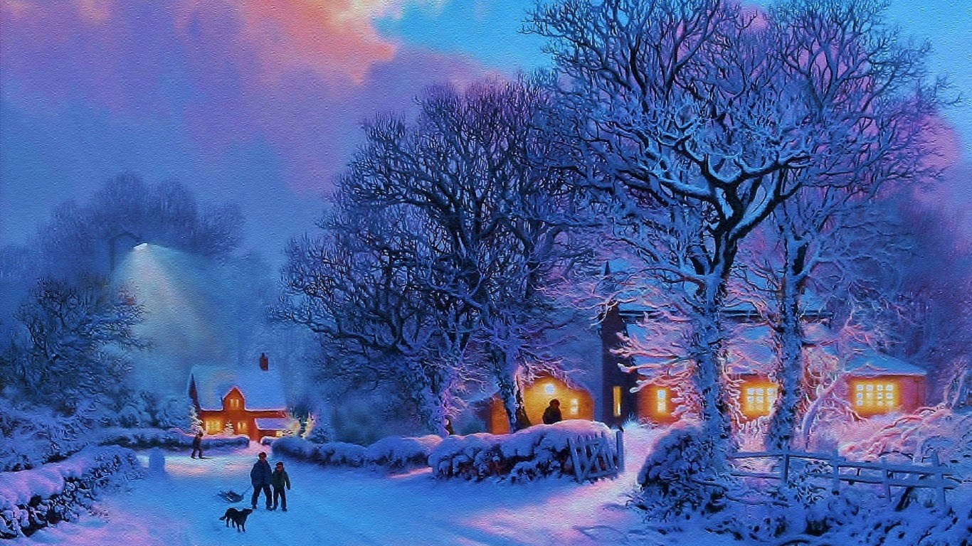 黃昏時分的雪村，窗戶發光，人們遛狗。