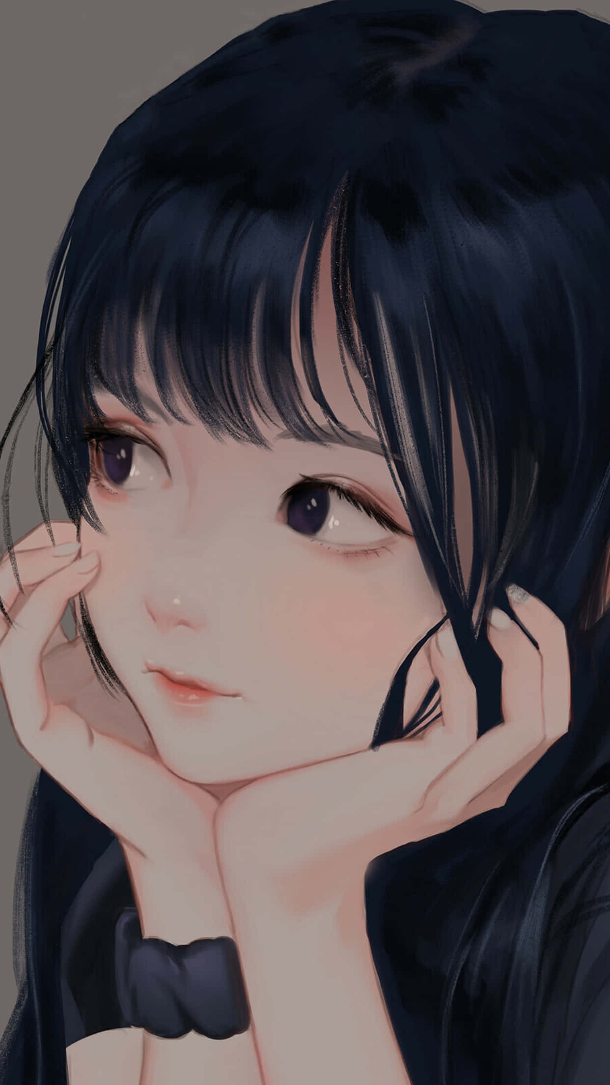 欣賞這張動漫風格頭像 壁紙 — 一個特寫的動漫女孩，深色頭髮，帶有柔和腮紅，輕輕地將下巴擱在手上，背景是柔和的灰色。