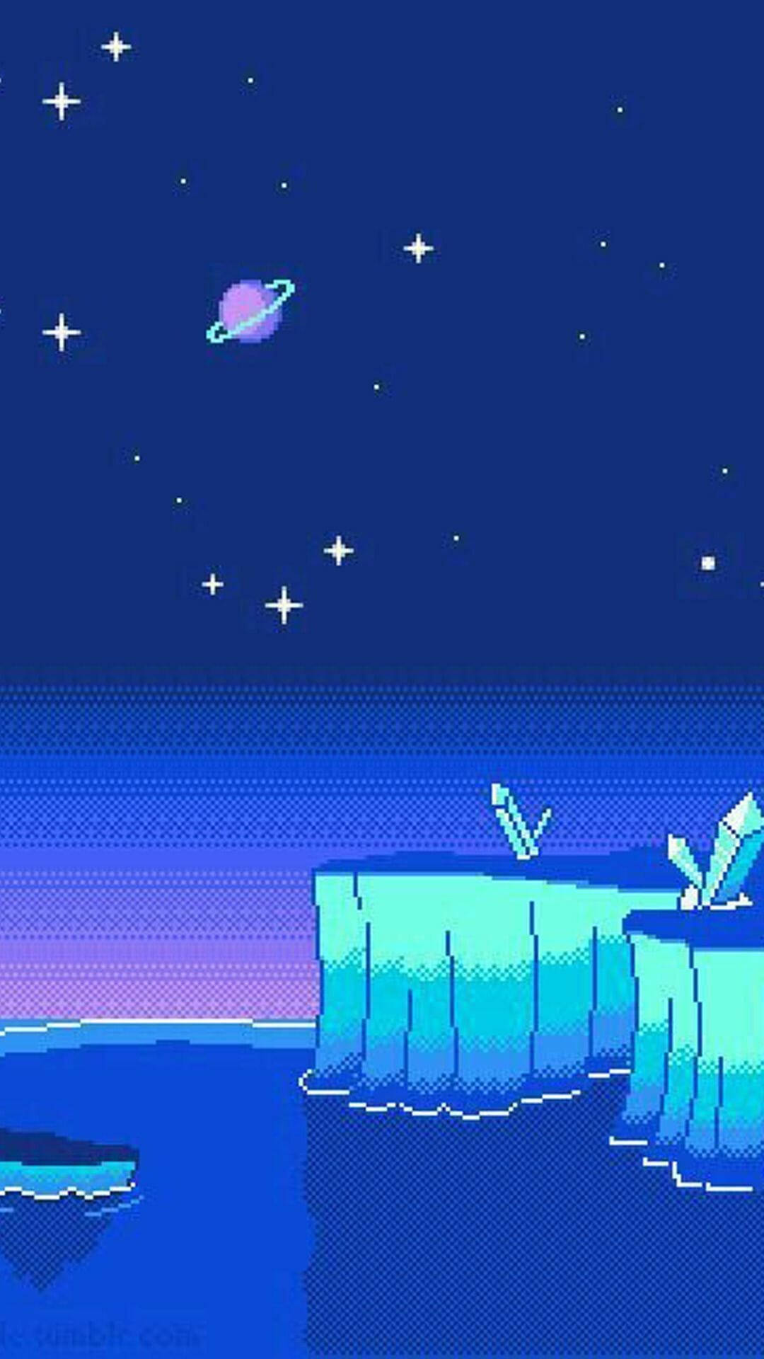 在星空下帶有紫色行星的像素化外星懸崖