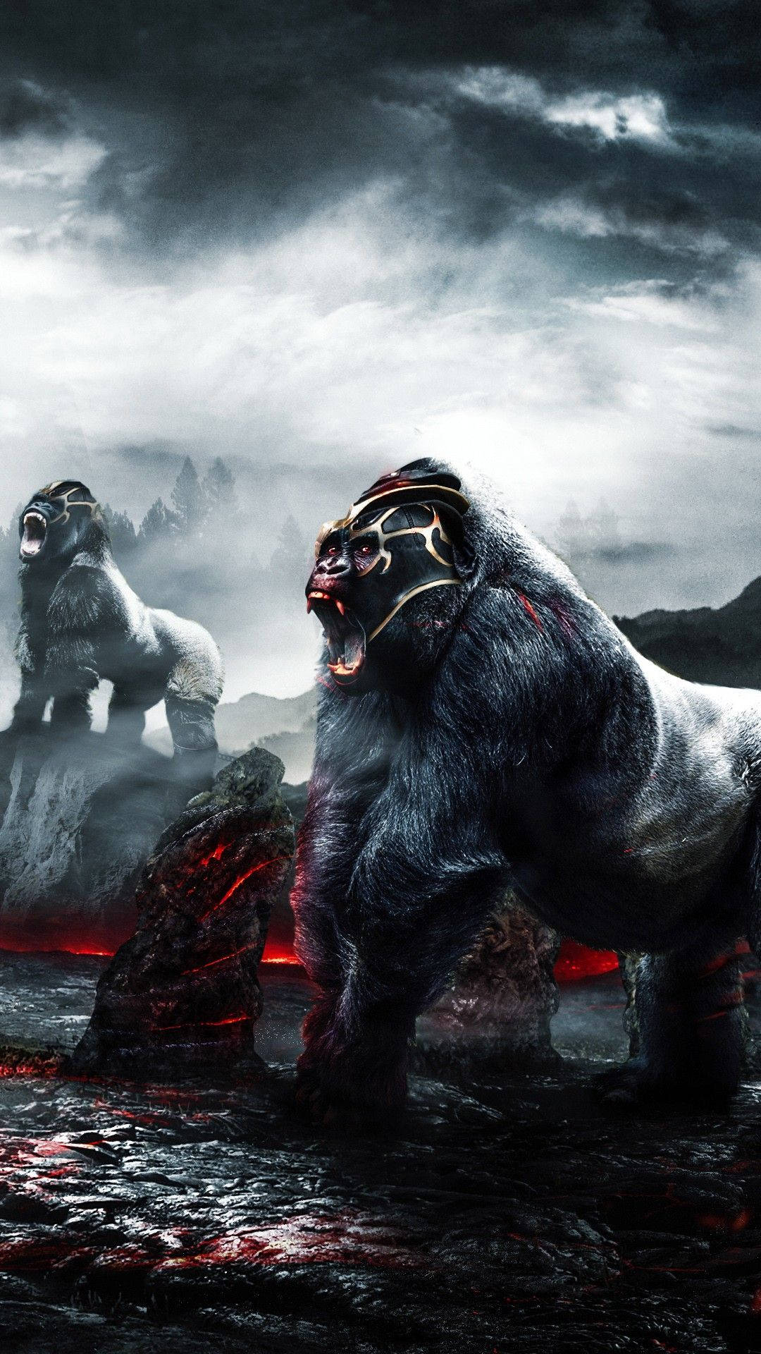 兩隻巨大的猩猩站在火山區域，周圍是發光的熔岩和烏雲。