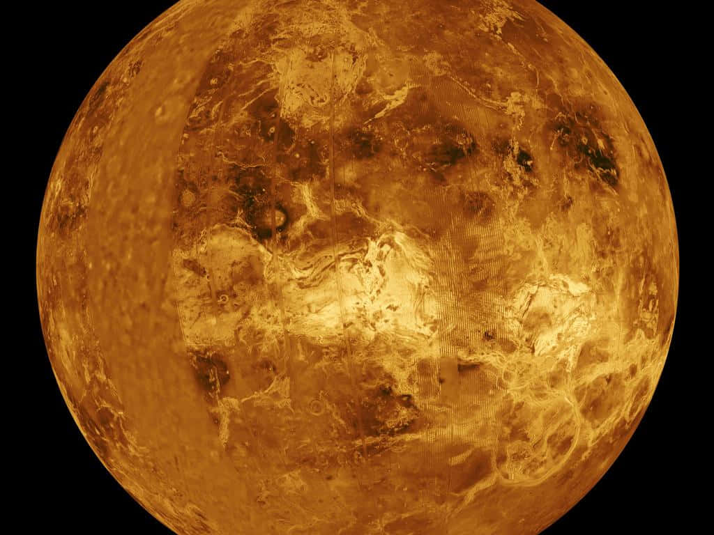 欣賞金星的絕美風采 壁紙 — 金星嘅特寫視圖，喺黑色太空嘅虛空中散發出金色色調，揭示咗佢有紋理嘅表面。