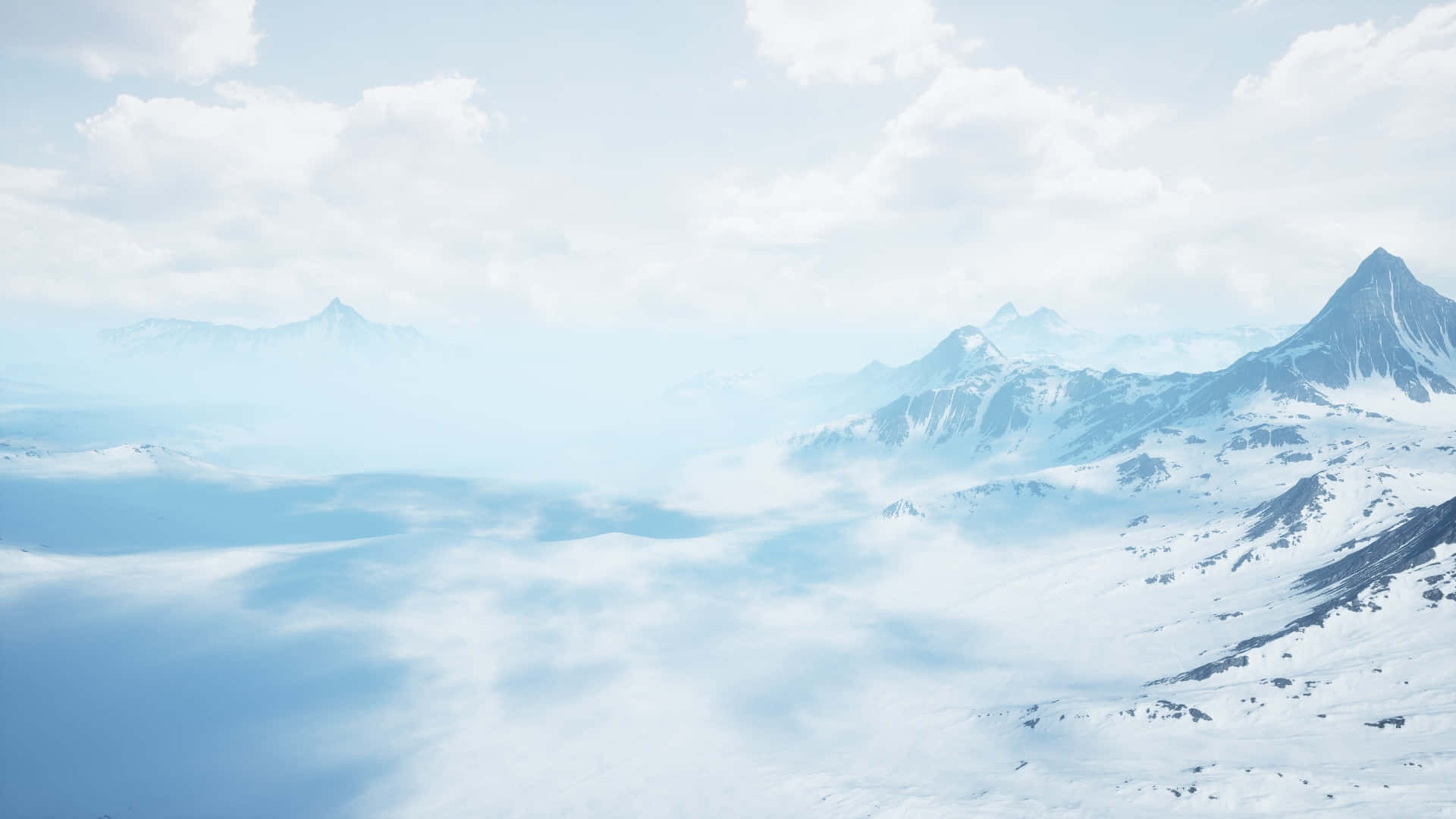 欣賞雪山之巔的絕美風景 壁紙 — 白雪覆蓋的山峰穿過柔軟的雲層，在寧靜的高山景觀中沐浴在清涼的藍光中。