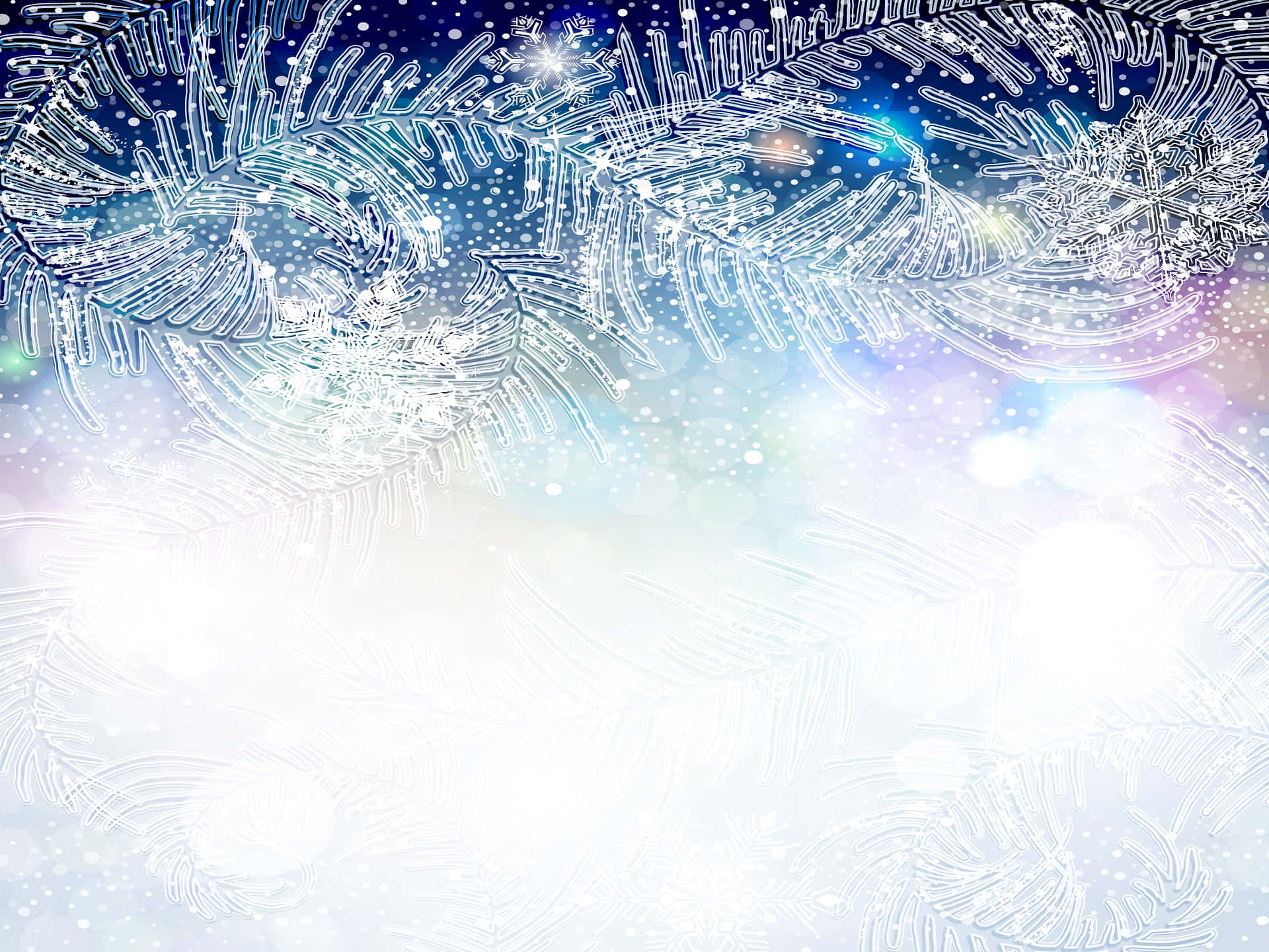 窗戶上的霜花圖案，帶有發光的雪花和柔和的藍色散景燈光。