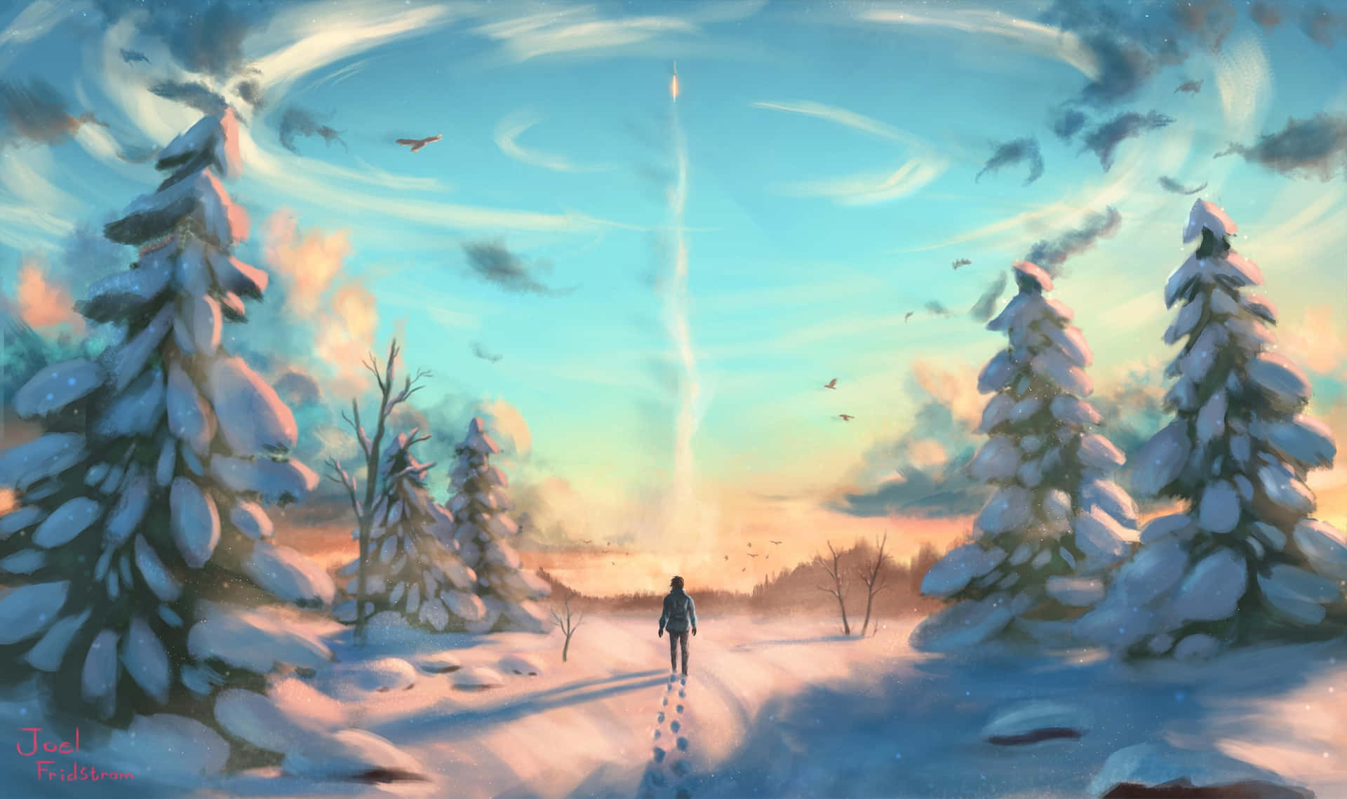 一個人在日落時分獨自走在冬季森林的雪徑上。