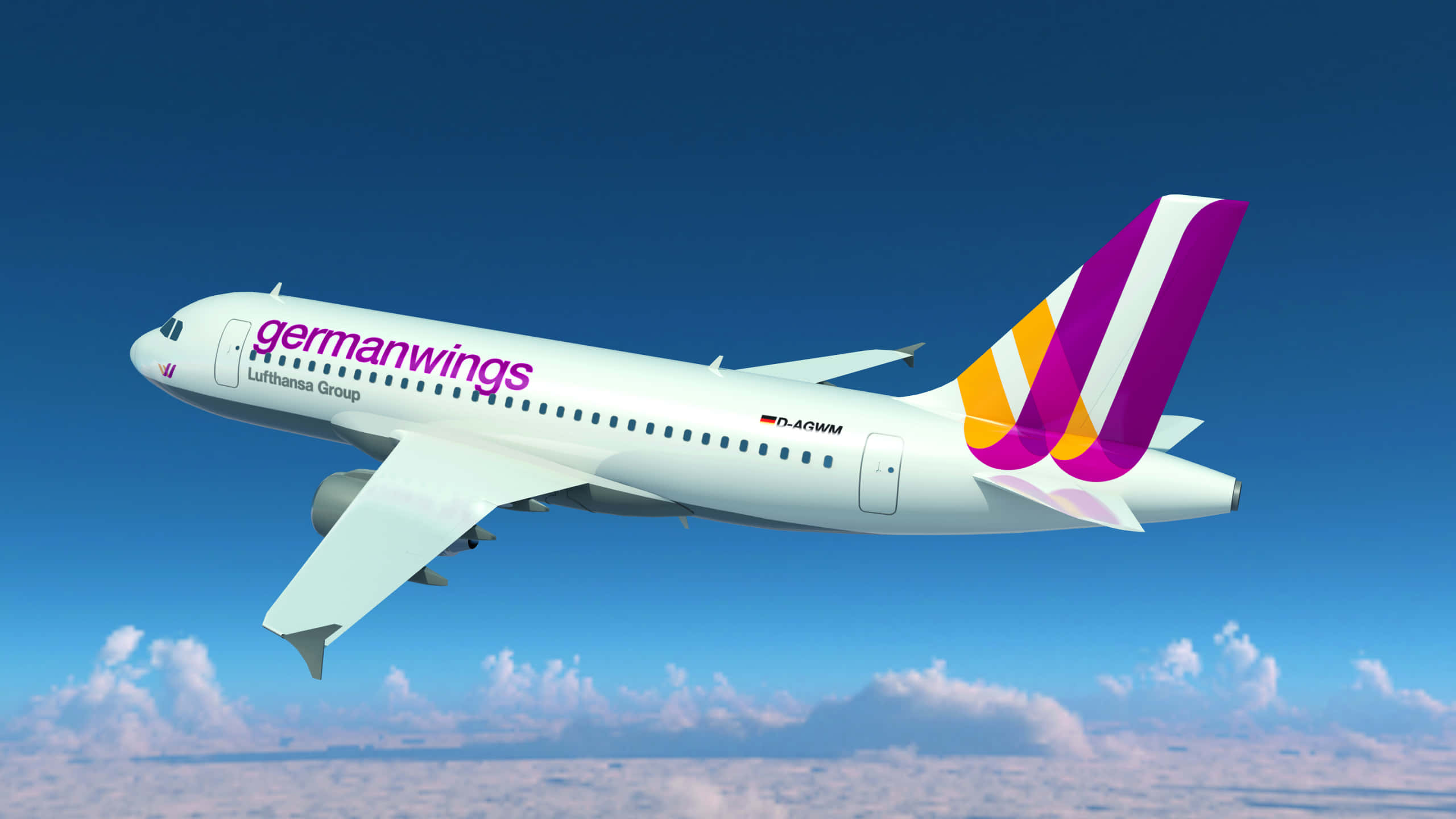欣賞飛機在日落時飛行 壁紙 — 一架德國之翼空中巴士A320在清澈的藍天中翱翔，飛越蓬鬆的白雲，擁有獨特的紫色和黃色尾翼。