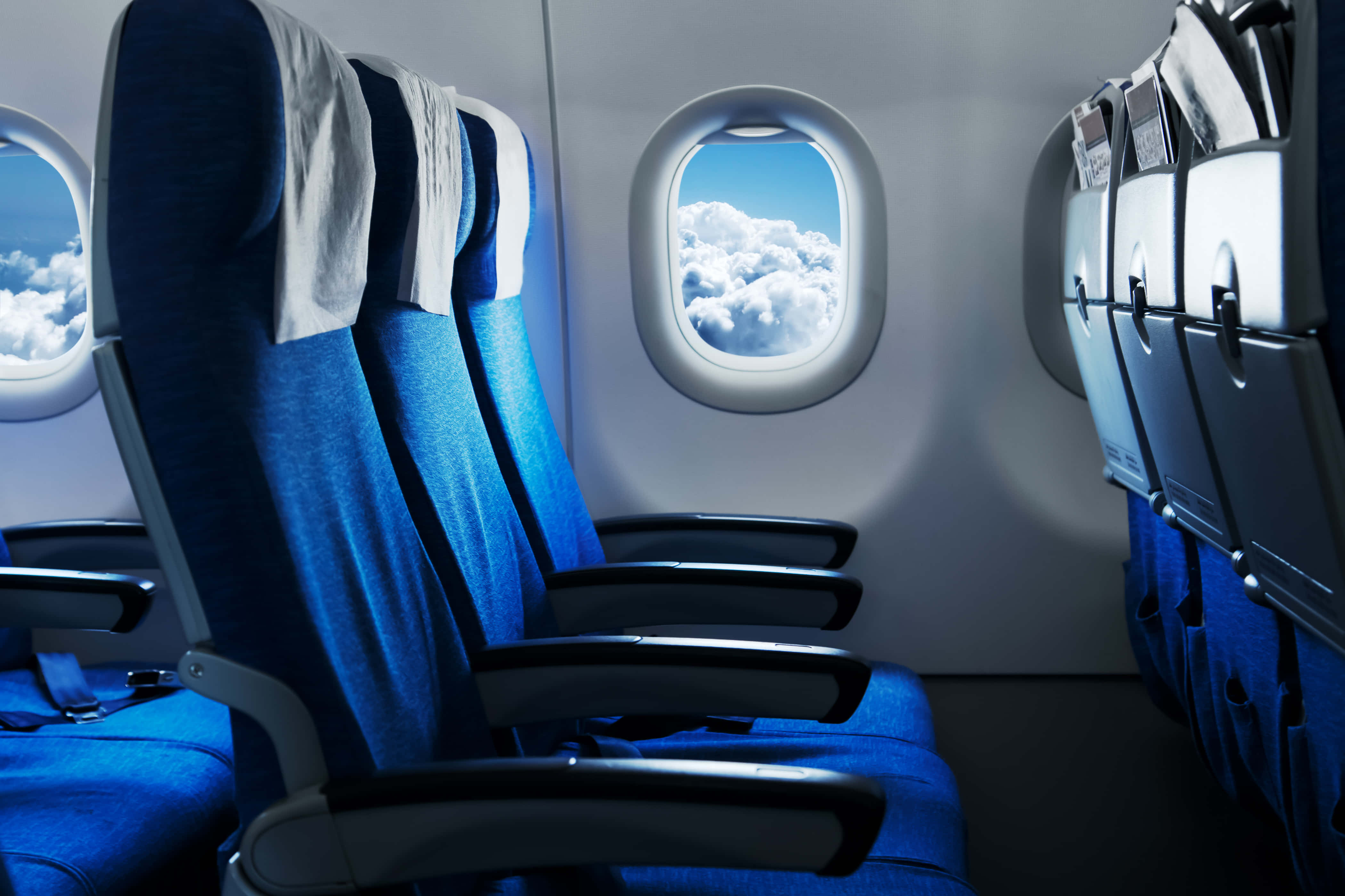 欣賞飛機窗戶外的風景 壁紙 — 一排排藍色飛機座位面向窗戶，窗外是明亮藍天下蓬鬆的白雲。