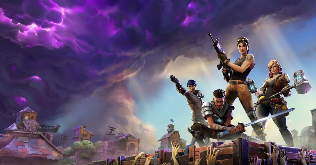 欣賞高清日落 壁紙 — 四個Fortnite角色站在木製路障上，背景是帶有閃電的暴風雨紫色天空。