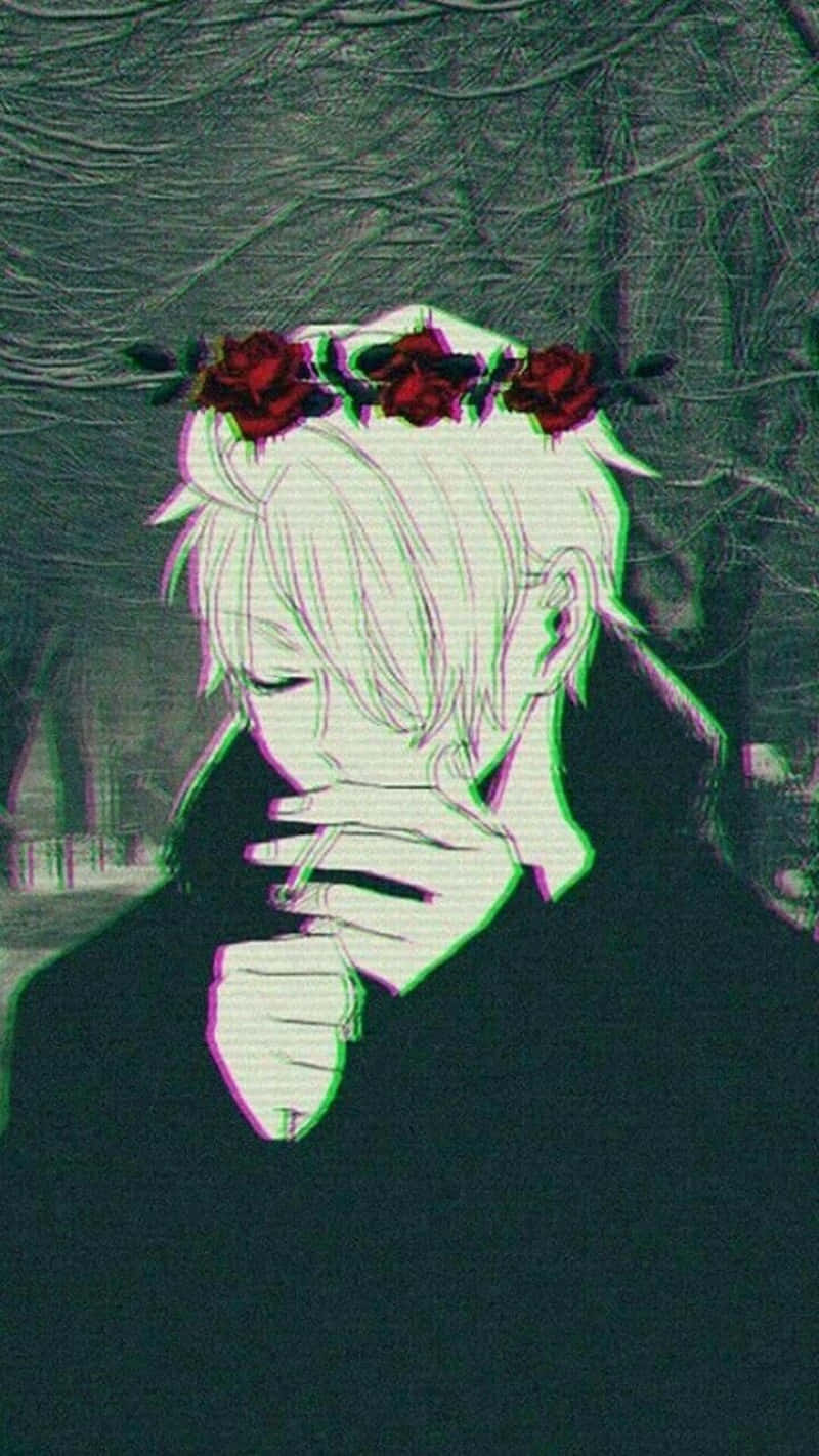 欣賞魔法世界的絕美風景 壁紙 — 一個憂鬱的白髮動漫男孩，頭戴紅玫瑰冠冕，在陰暗的森林中抽煙，帶有故障風格的綠色和黑色色調。