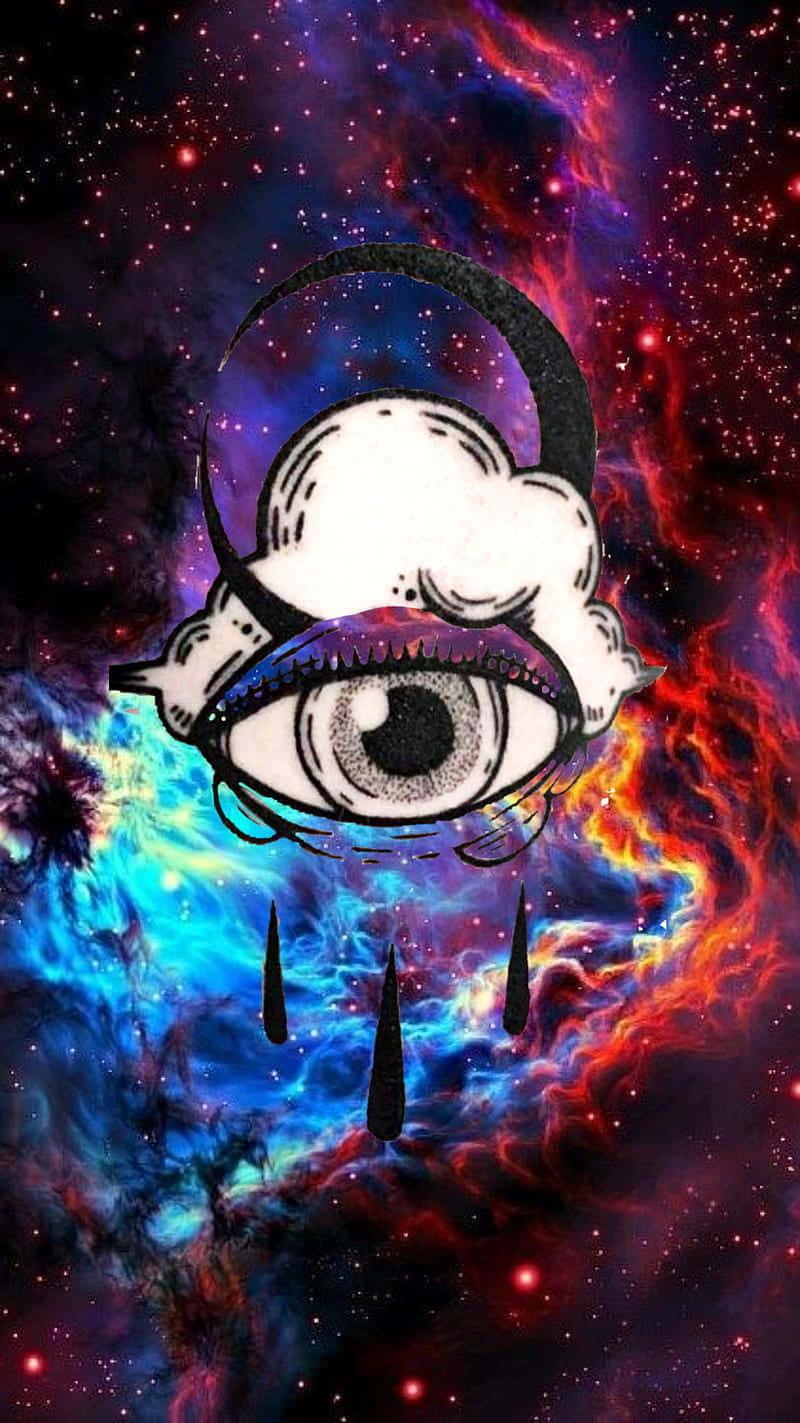 一隻大型風格化的眼睛，上方有新月，以色彩繽紛的宇宙星雲為背景。