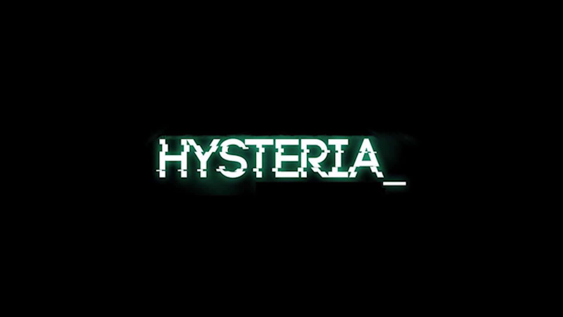像素化綠色文字「hysteria」喺黑色背景上，帶有數碼故障效果。