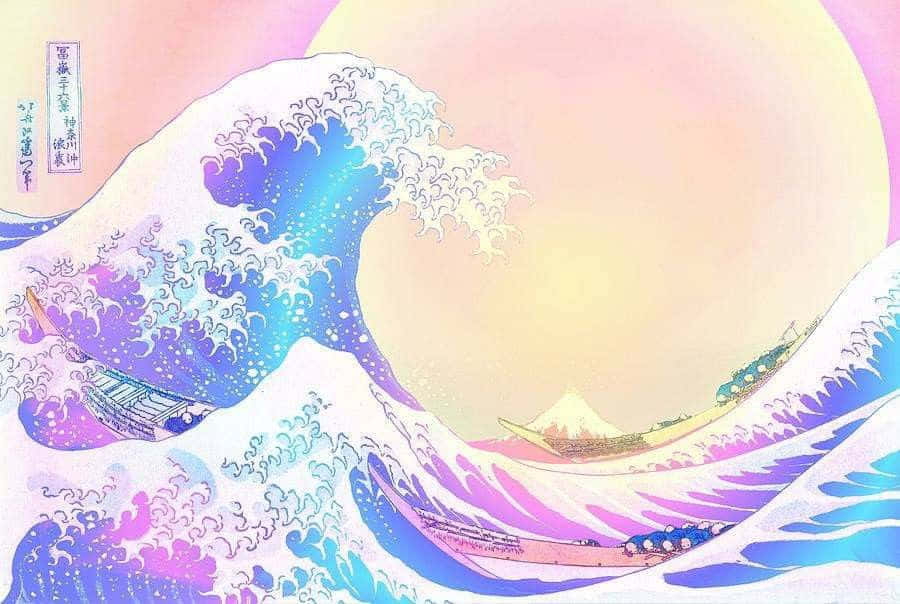 一個巨大的太陽下，帶有小船和富士山的風格化波浪。