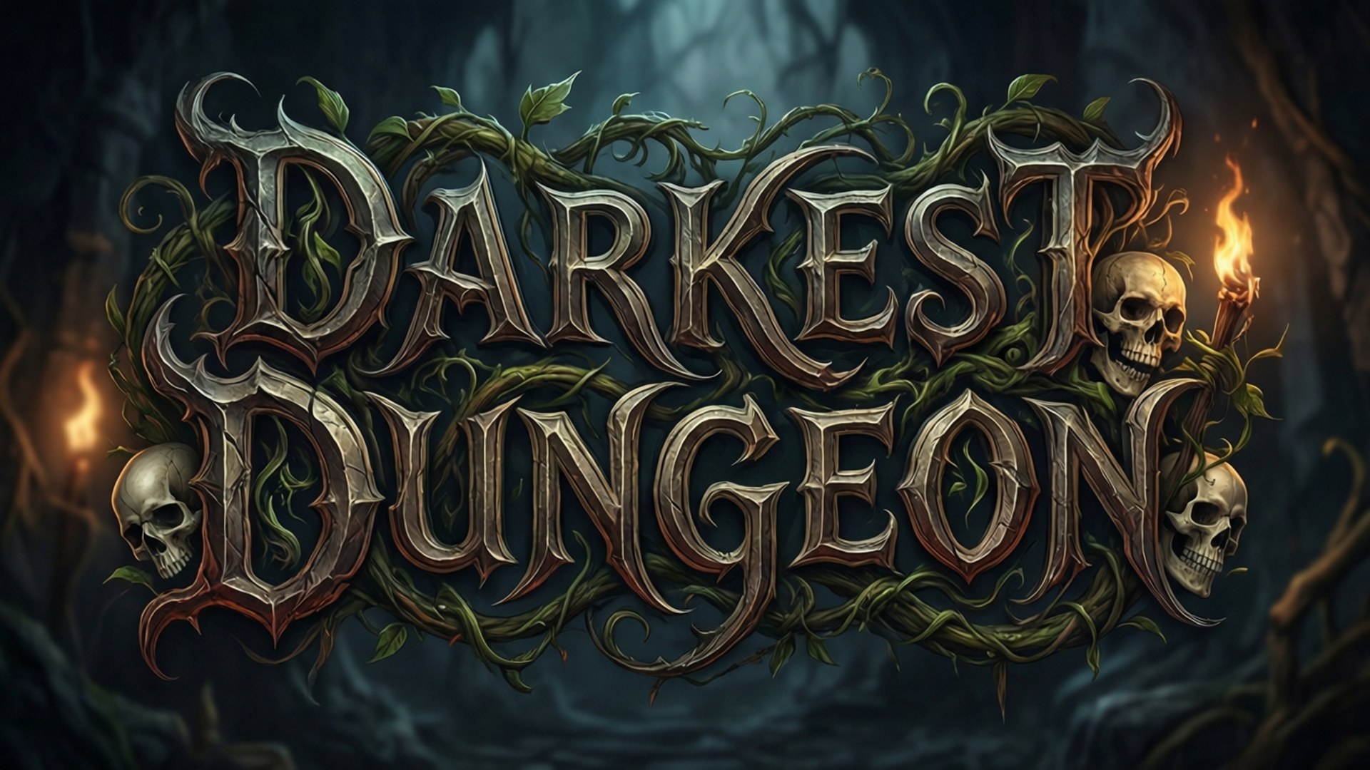 歌德式標題 壁紙 — 哥德式標題「Darkest Dungeon」纏繞著藤蔓和骷髏，背景是黑暗的森林，火炬閃爍。