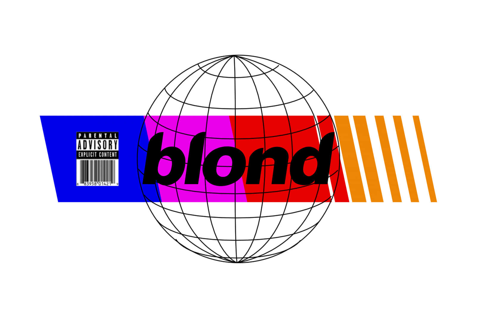 歌手 Frank Ocean 的抽象肖像 壁紙 — 一個帶有網格線的風格化地球儀被大膽的彩色區塊切割，上面有「blond」字樣和家長指引標籤。