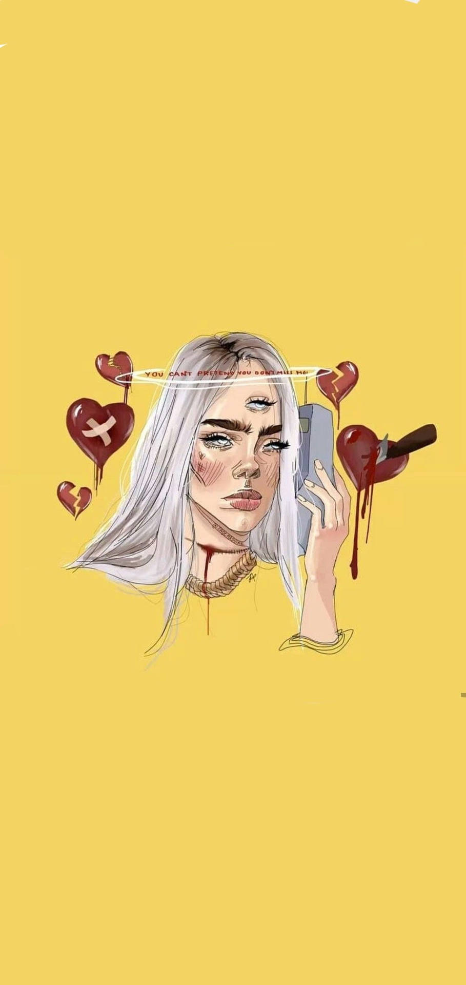一位白髮女性手持電話，破碎的紅色心形在她周圍漂浮，背景為黃色。