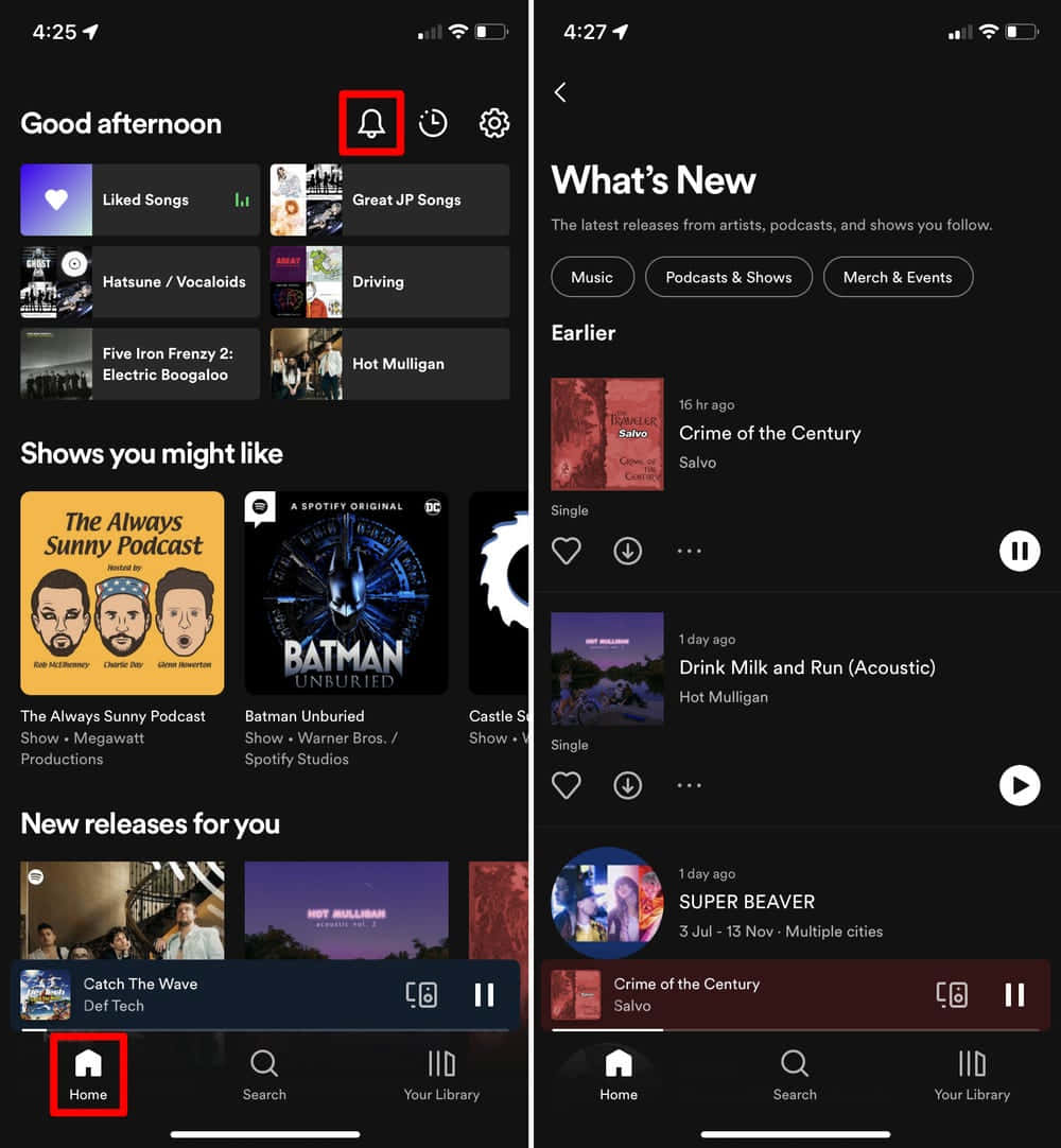 歌曲應用程式「最新內容」選單截圖 壁紙 — 深色模式 Spotify 應用程式介面，顯示主頁面，包含音樂和播客推薦以及「最新動態」動態消息。