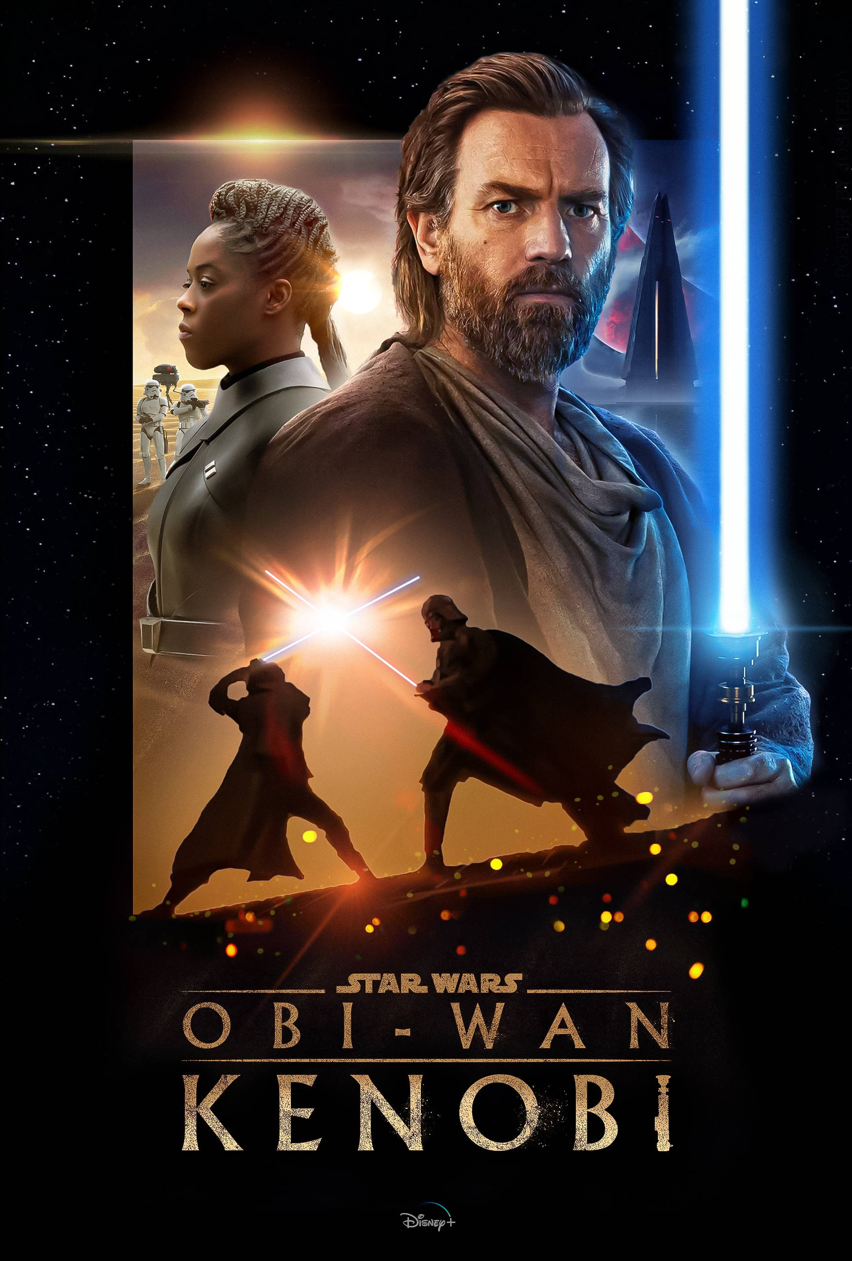 歐比王·肯諾比多場景海報 壁紙 — Obi-Wan Kenobi 手持藍色光劍，背景係星空宇宙，下面有 Ahsoka Tano 同決鬥場景。