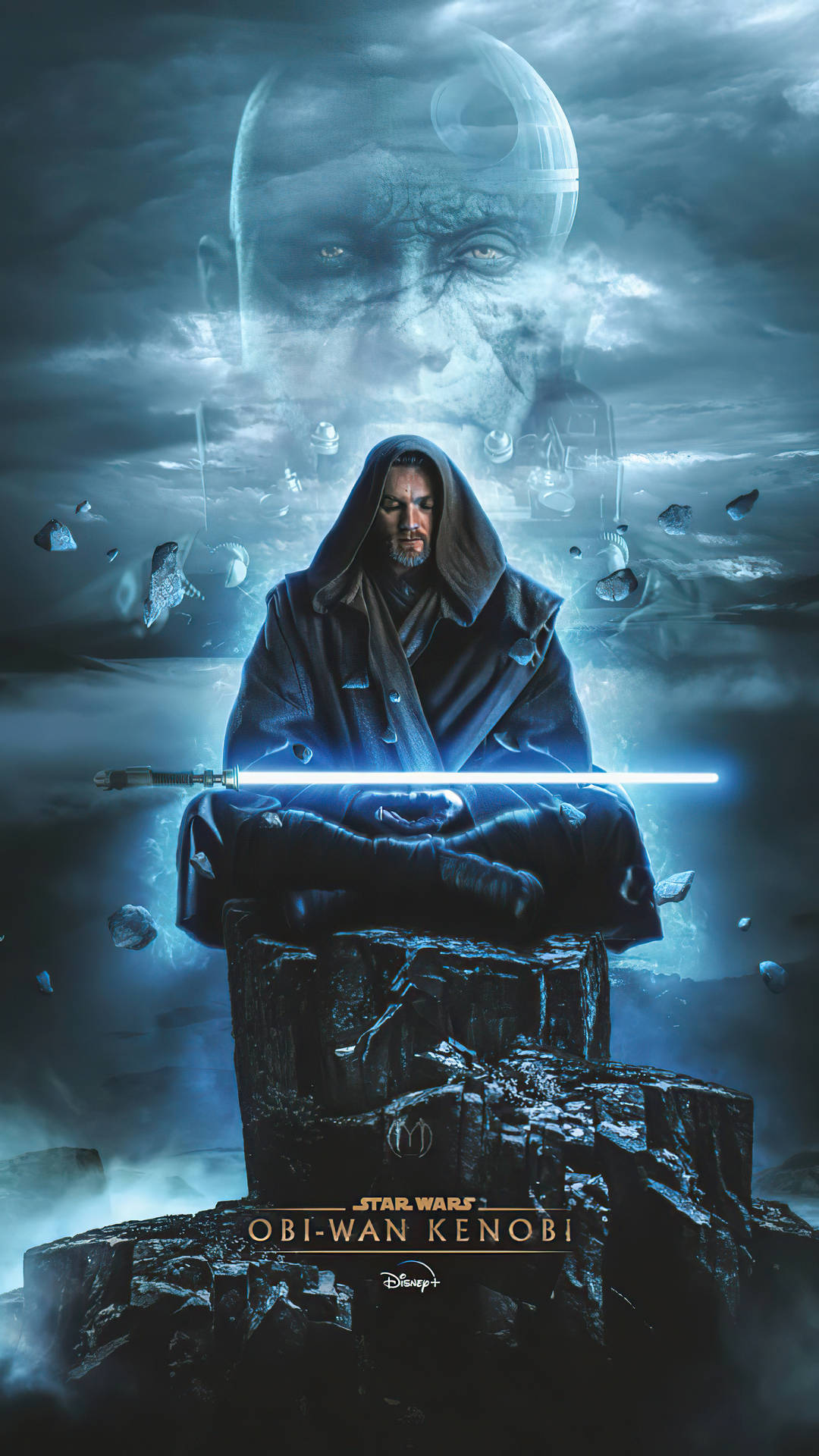 歐比王·肯諾比大審判者面容 壁紙 — Obi-Wan Kenobi 在岩石露頭上冥想，手持發光的藍色光劍，幽靈般的 Darth Vader 在暴風雨的天空中盤旋在上方。