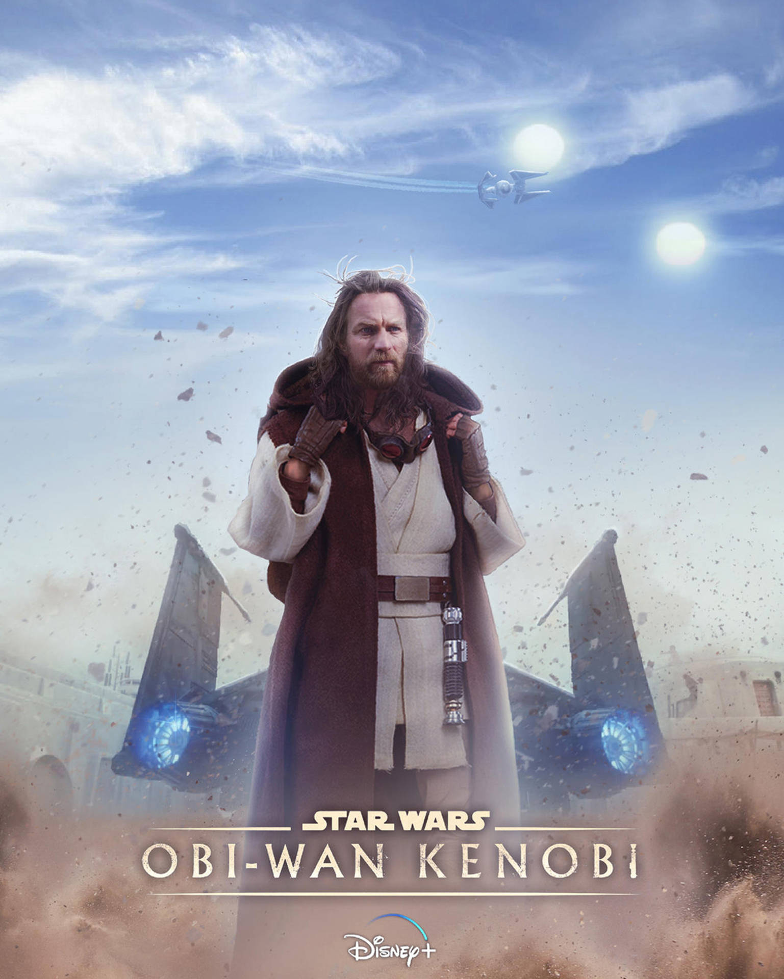 Obi-Wan Kenobi 在沙漠戰鬥中，星際戰機在雙子太陽下從頭頂飛過。