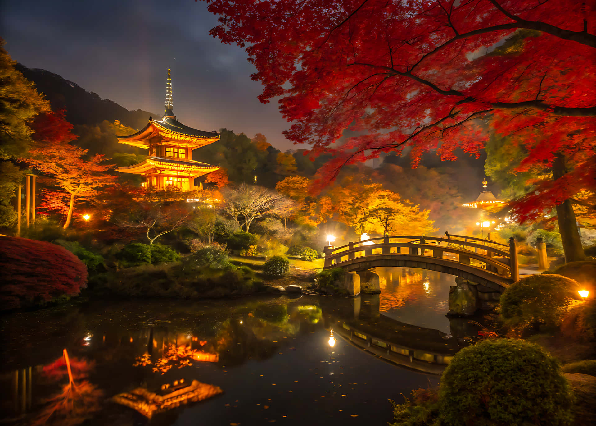 夜晚點亮的日本寺廟，秋樹和水上的石橋