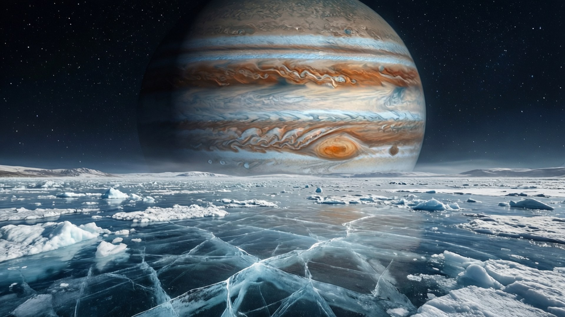歐羅巴視角的木星 壁紙 — 一顆巨大的木星籠罩在冰封的冰雪景觀之上，背景是繁星點點的夜空。