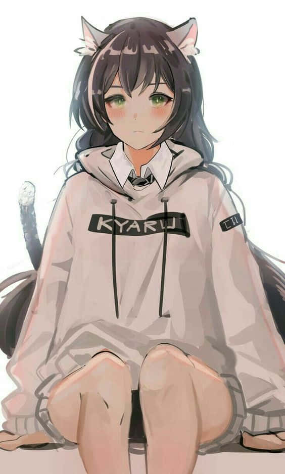有貓耳朵和尾巴的動漫女孩穿著連帽衫。