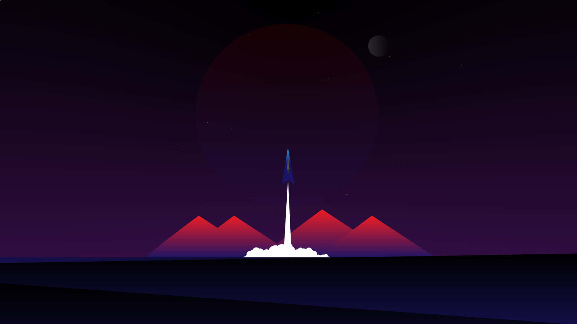 歡快明亮的色彩混合 壁紙 — 在深紫色夜空下，一枚流線型火箭從沙漠平原發射，背景是巨大的紅色月亮和彎月。