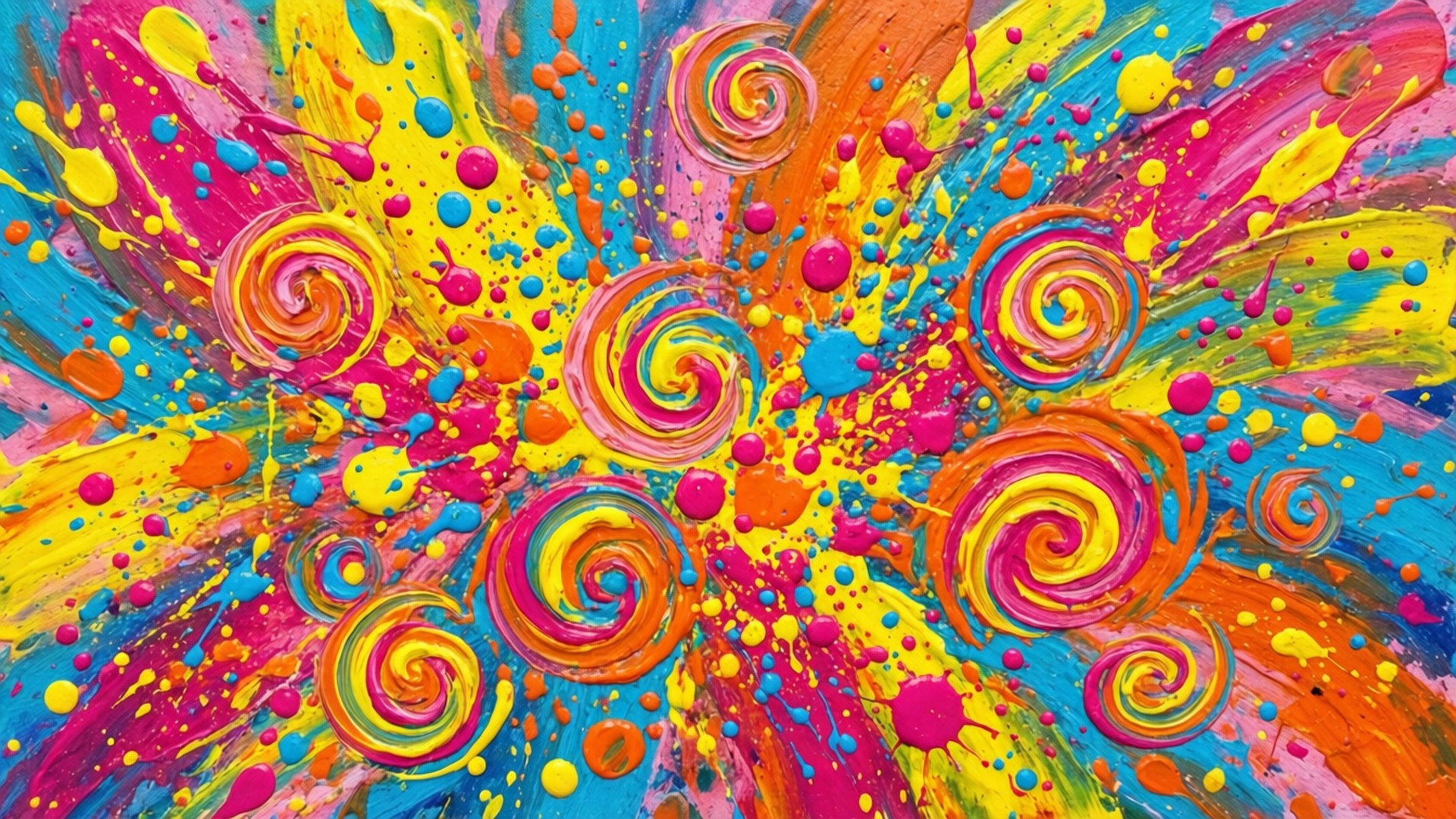 大膽的抽象畫，以鮮豔的粉紅、黃、橙、藍色調，呈現旋轉的螺旋和顏料飛濺。