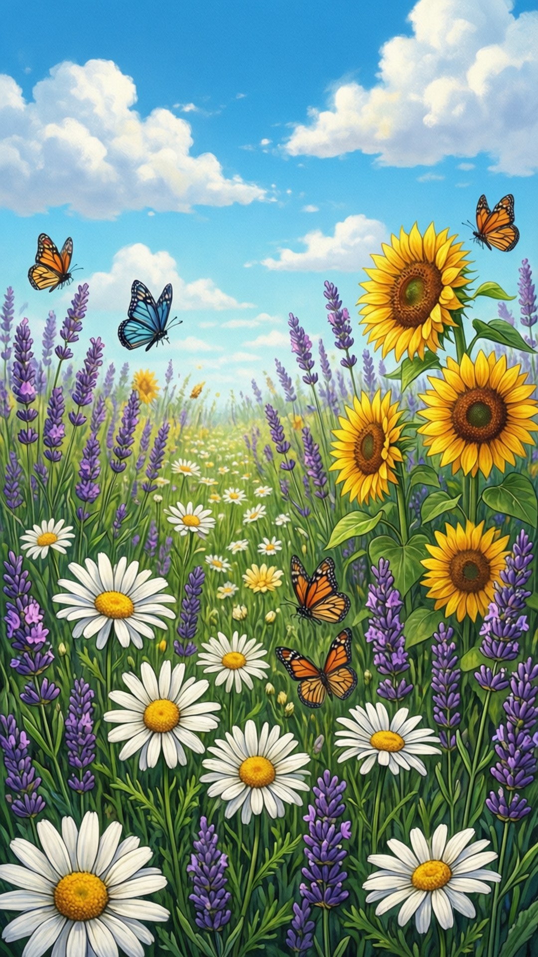 向日葵、雛菊和薰衣草田，蝴蝶在藍天下