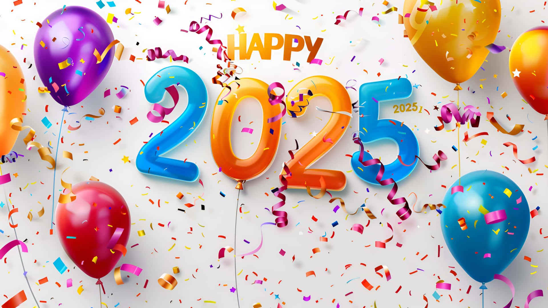 歡慶2025年氣球與彩屑 壁紙 — 鮮豔的3D氣球和五彩紙屑在明亮的白色背景上慶祝2025年新年快樂。
