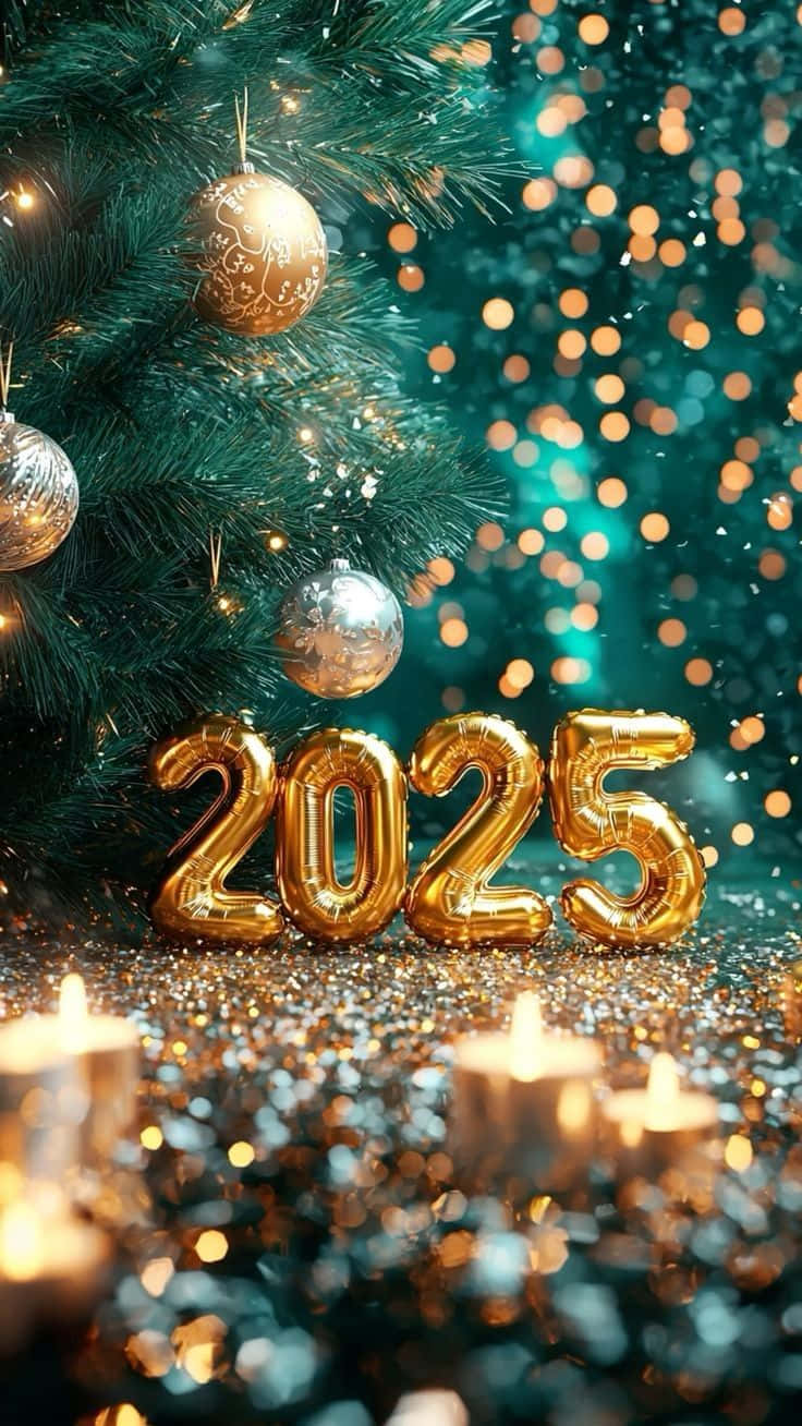 歡慶2025新年 壁紙 — 金色2025氣球放在閃粉上，旁邊是裝飾著溫暖燈光和散景背景的聖誕樹。