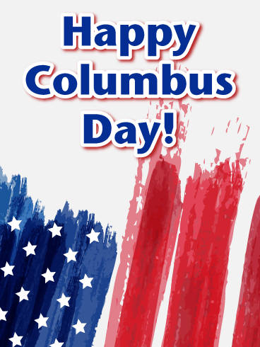 「Happy Columbus Day」文字在風格化美國國旗上，帶有筆觸條紋和星星。