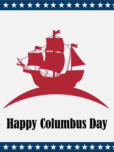 紅色船隻剪影，帶有「Happy Columbus Day」文字和星星邊框。