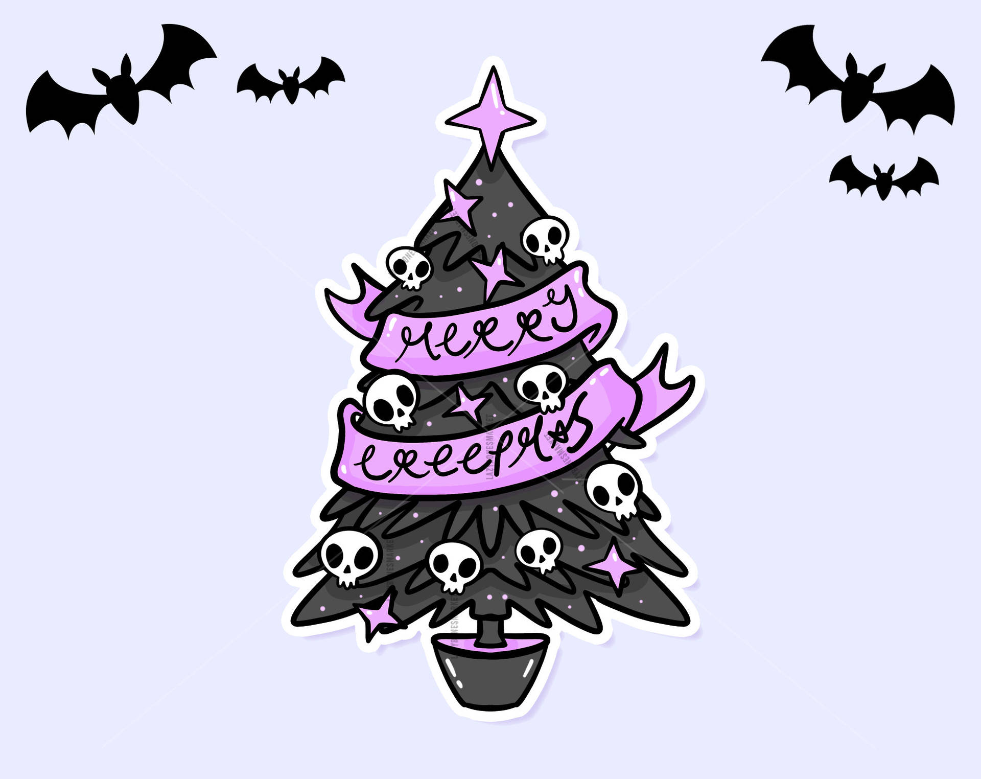 一棵黑色聖誕樹，有骷髏頭和紫色星星，裝飾著「merry creepmas」橫幅和飛翔的蝙蝠。