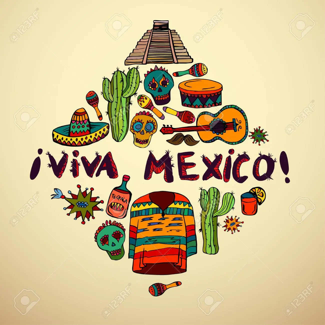 節日墨西哥文化符號以心形排列，帶有「¡Viva Mexico!」文字。