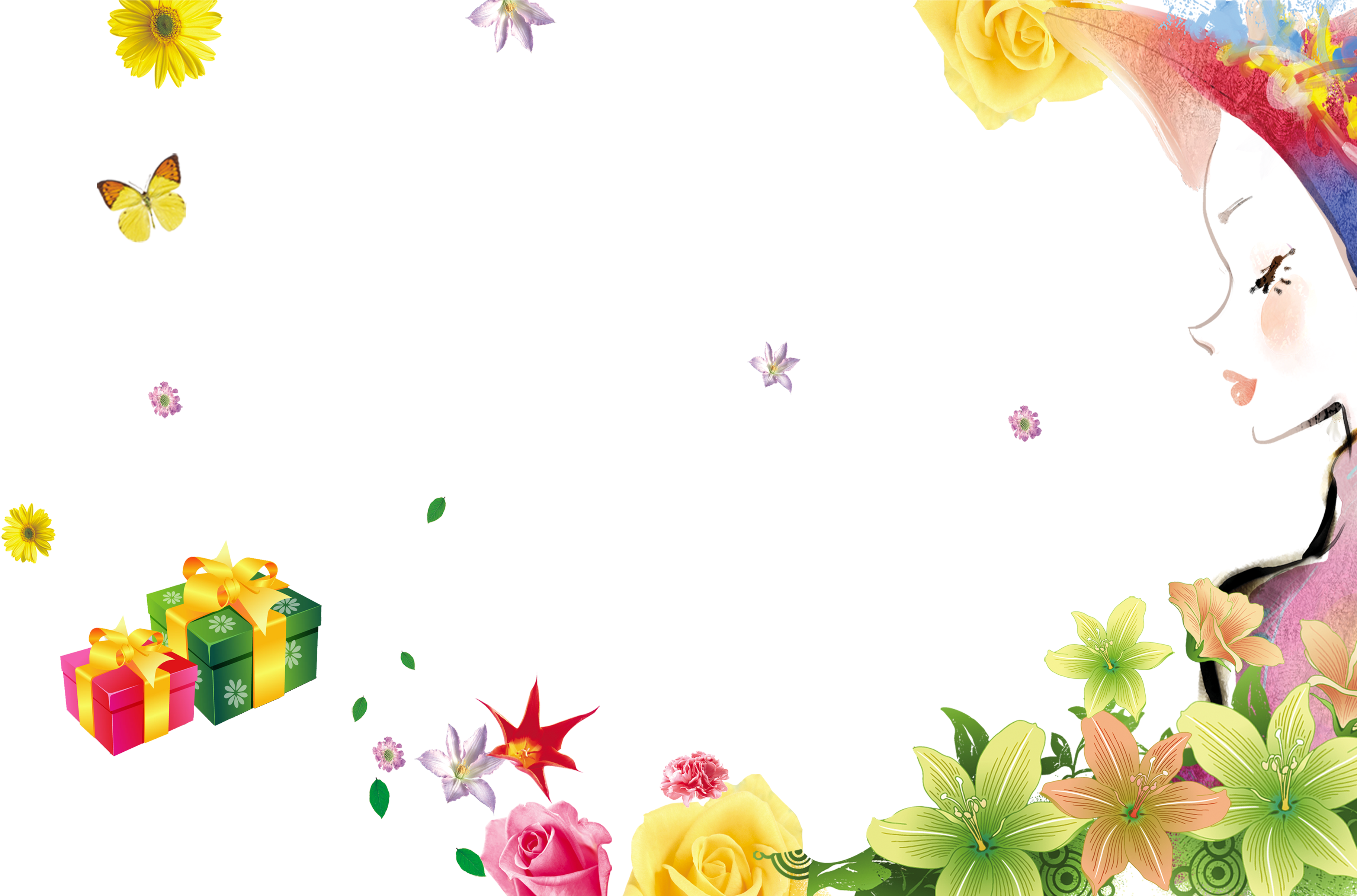 歡慶女性花卉插畫 壁紙 — 一幅奇幻的數碼插圖，描繪一個微笑的月亮女孩，被色彩繽紛的花朵、蝴蝶和禮物盒環繞，背景為黑色。