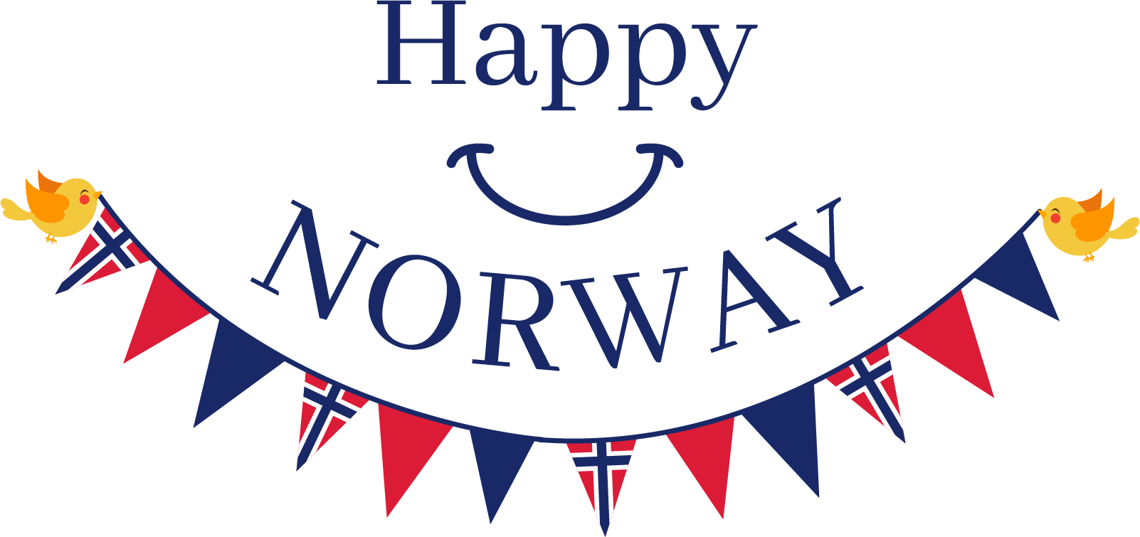 歡慶挪威節日橫幅 壁紙 — 一個歡樂的橫幅，上面有「Happy NORWAY」文字和笑臉，裝飾著挪威國旗和黃色小鳥。