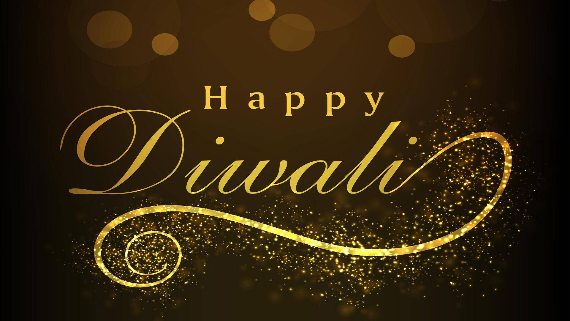歡慶排燈節：金色閃粉效果 壁紙 — 金色嘅「Happy Diwali」文字喺深啡色散景背景上閃爍住閃亮嘅粒子。