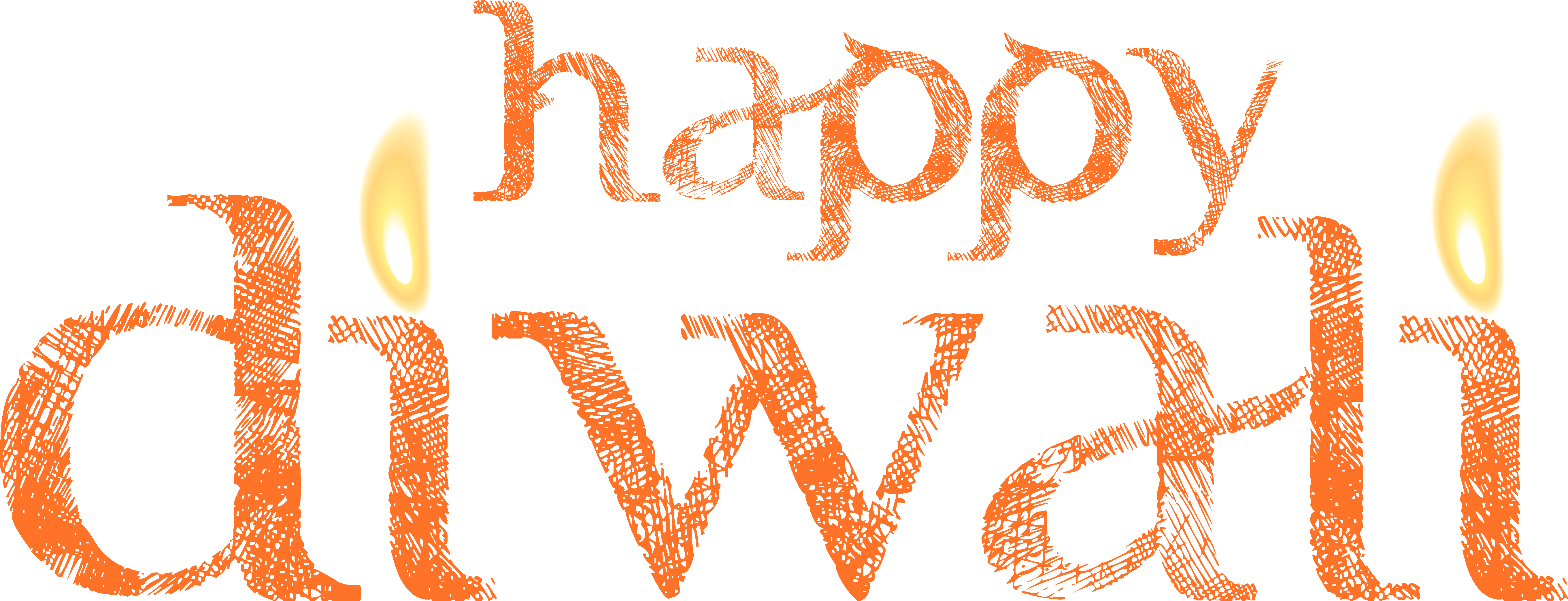 歡慶排燈節燭光文字 壁紙 — 大膽橙色紋理 'happy diwali' 文字，兩側有發光蠟燭，黑色背景。