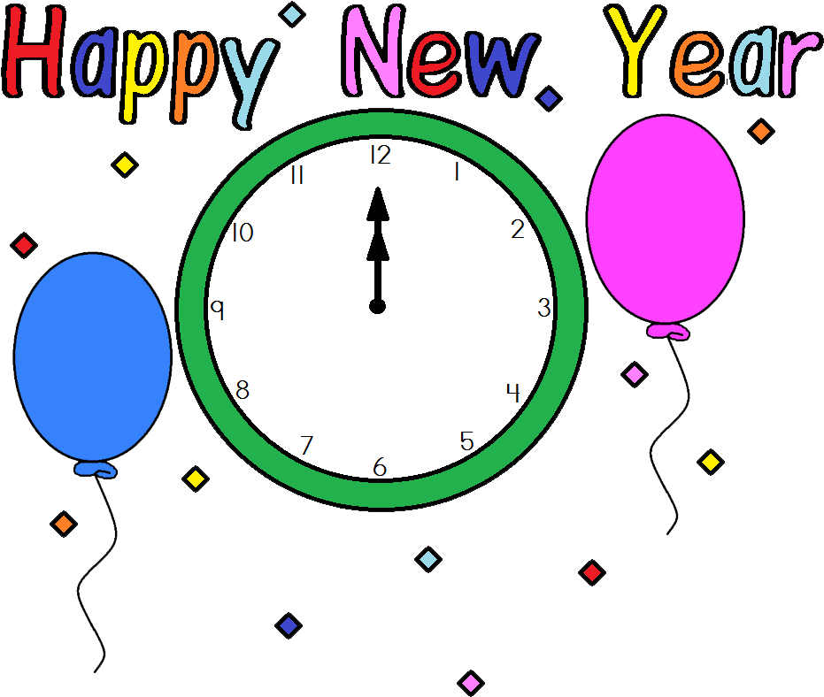歡慶新年倒數鐘錶 壁紙 — 一幅節日數碼插圖，顯示午夜時分一個綠色時鐘，兩旁有藍色和粉紅色氣球，背景為黑色，並有彩色紙屑和「Happy New Year」文字。