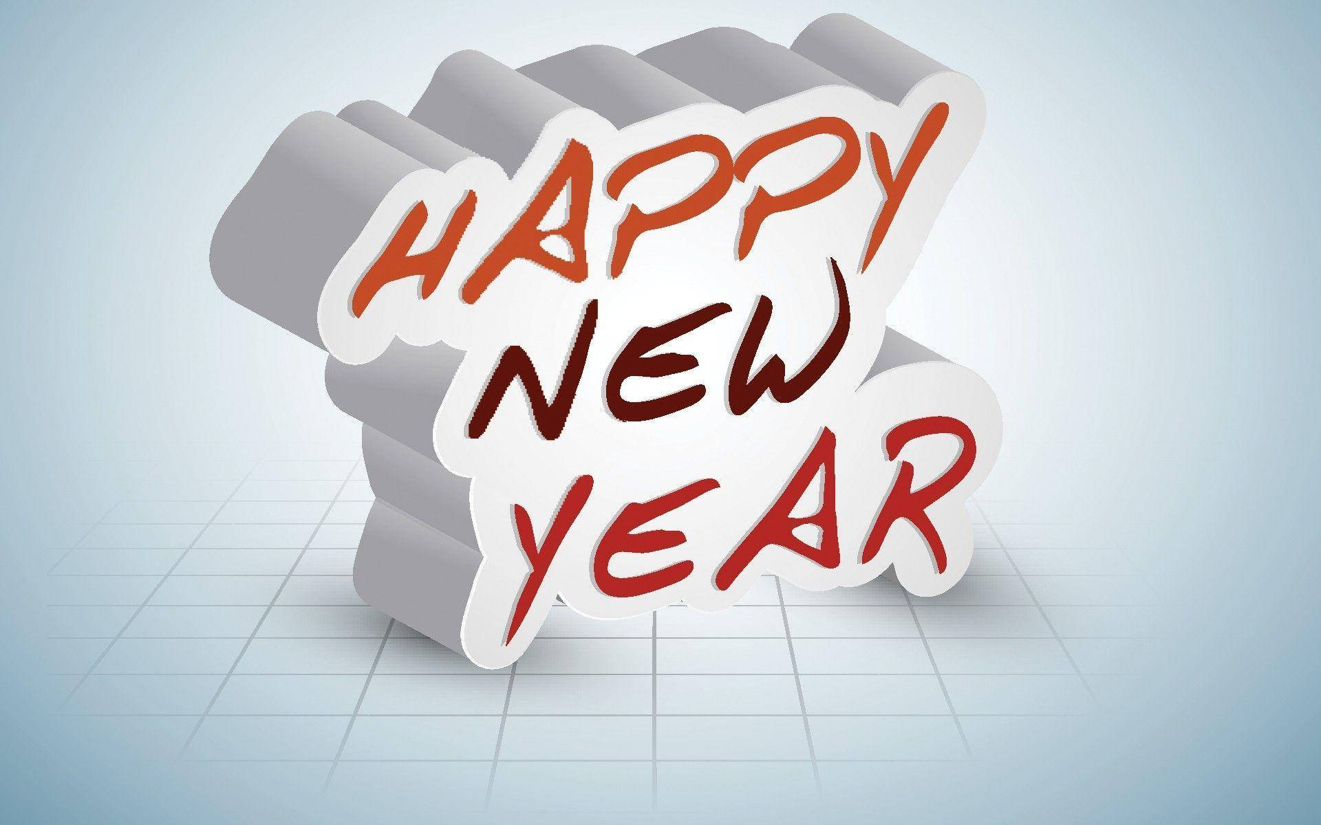 Happy New Year 文字圖形，紅色和棕色字母在網格背景上。