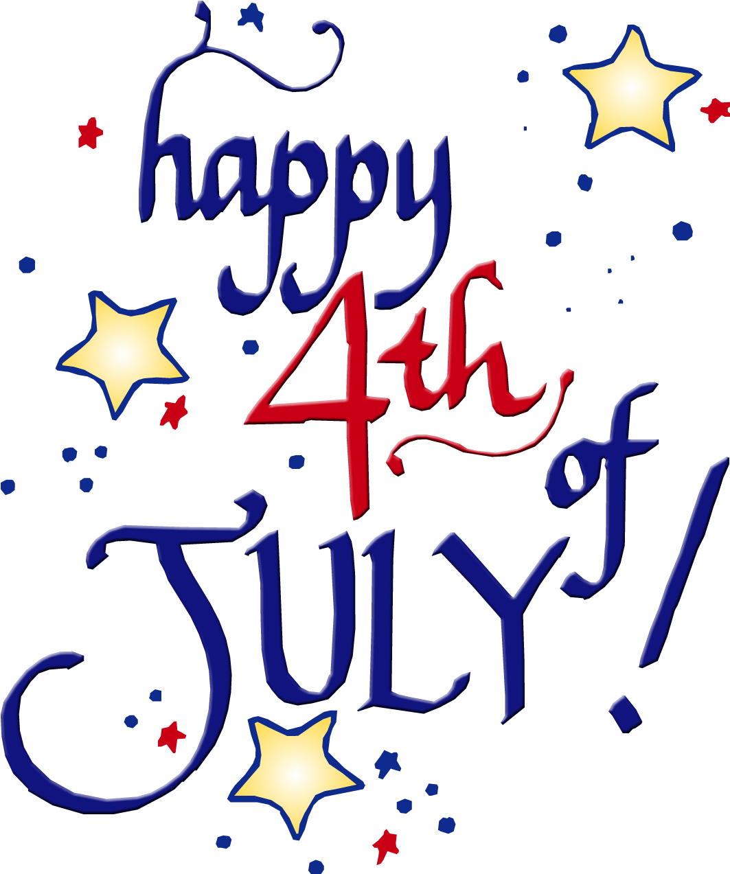 歡慶獨立日 壁紙 — 黑色背景上紅色和藍色草書的「Happy 4th of July」文字，帶有黃色星星和紅色星星。