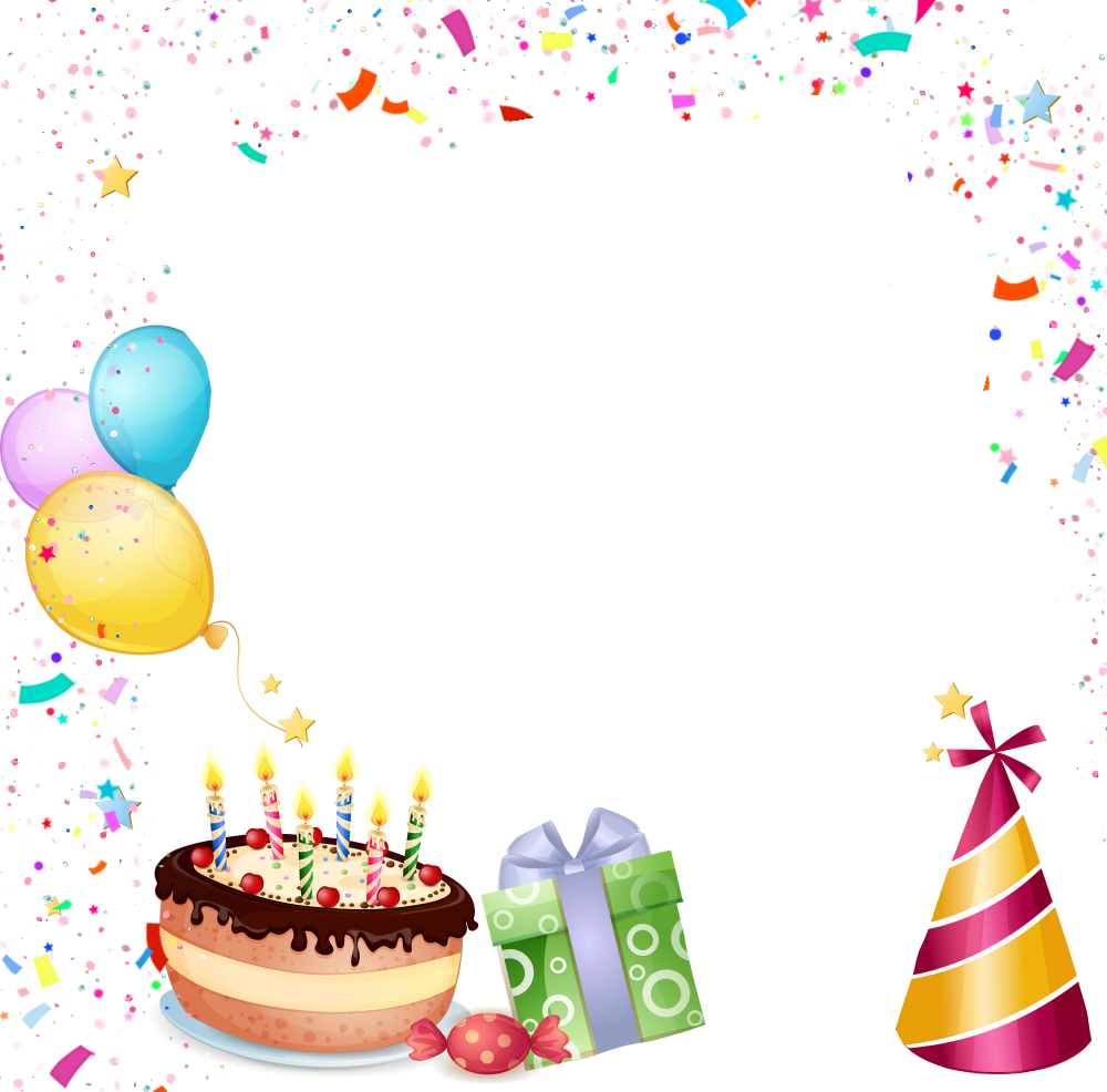 歡慶生日派對元素 壁紙 — 一個節日生日場景，朱古力蛋糕、蠟燭、氣球、禮物和五彩紙屑圍繞著黑色背景。