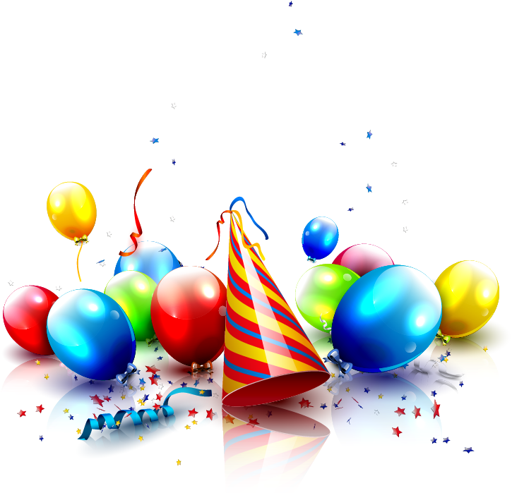 歡慶生日派對帽子與氣球 壁紙 — 鮮豔的氣球和條紋派對帽在黑色背景上爆出五彩紙屑。