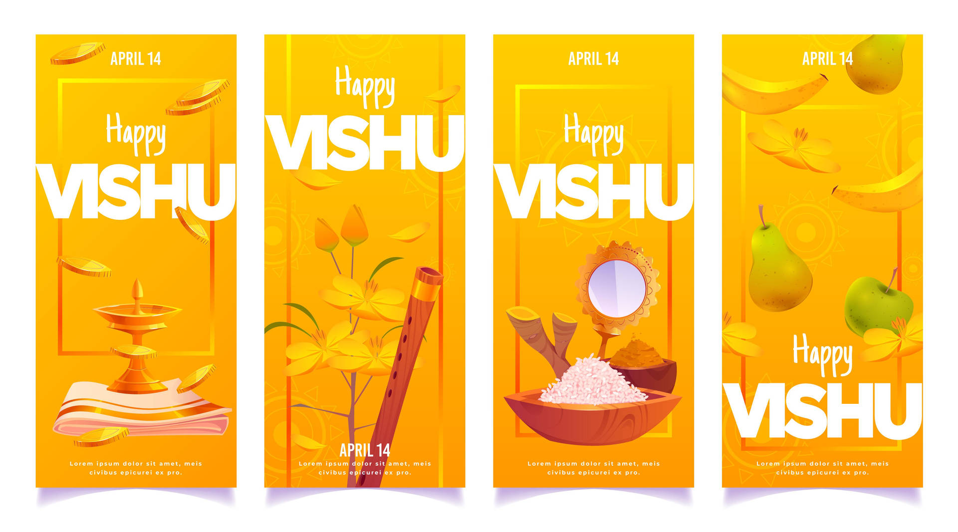 四個Vishu節日橫幅，包含傳統符號如迪亞花、笛子、米飯、鏡子和水果。