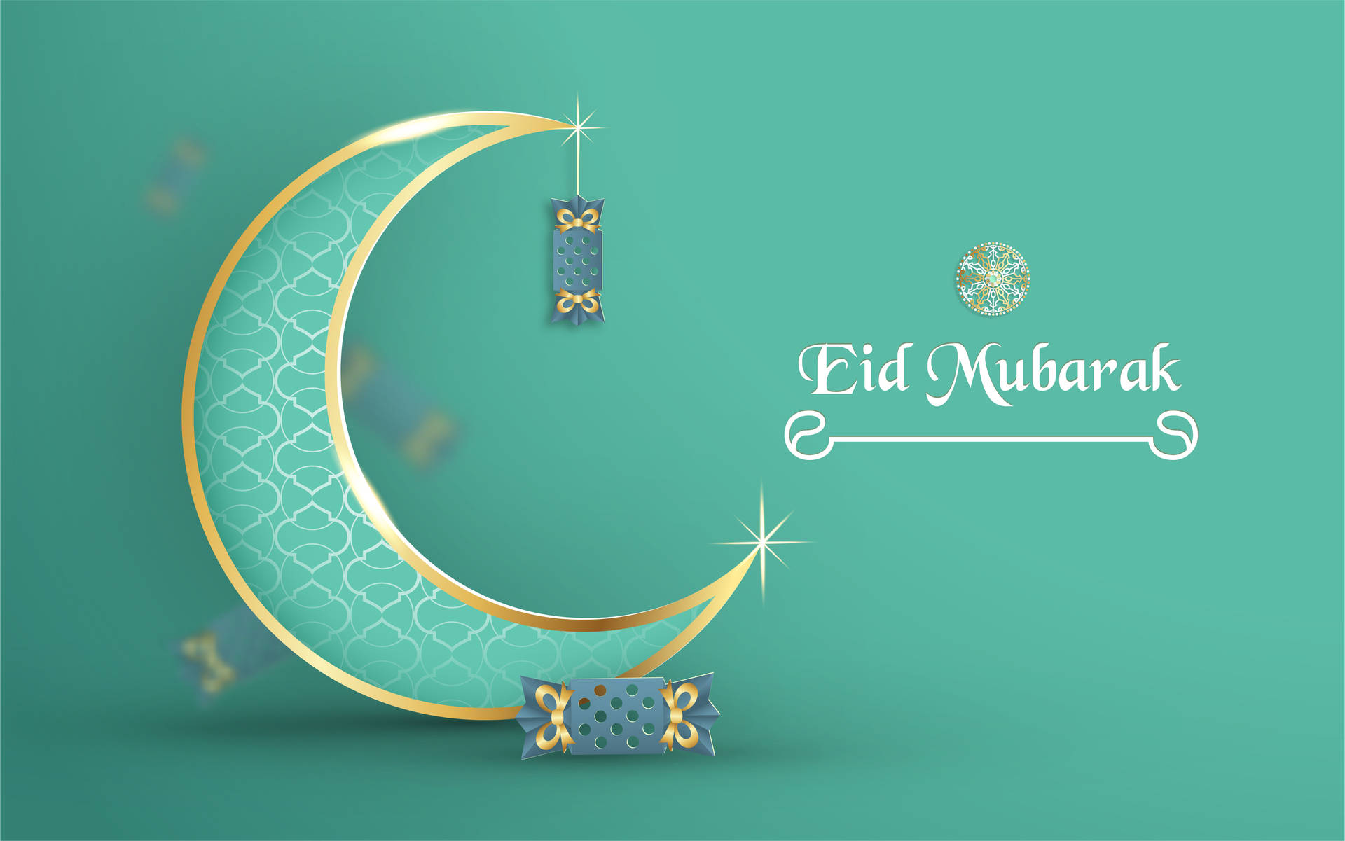青綠色背景上新月和燈籠的Eid Mubarak祝福。