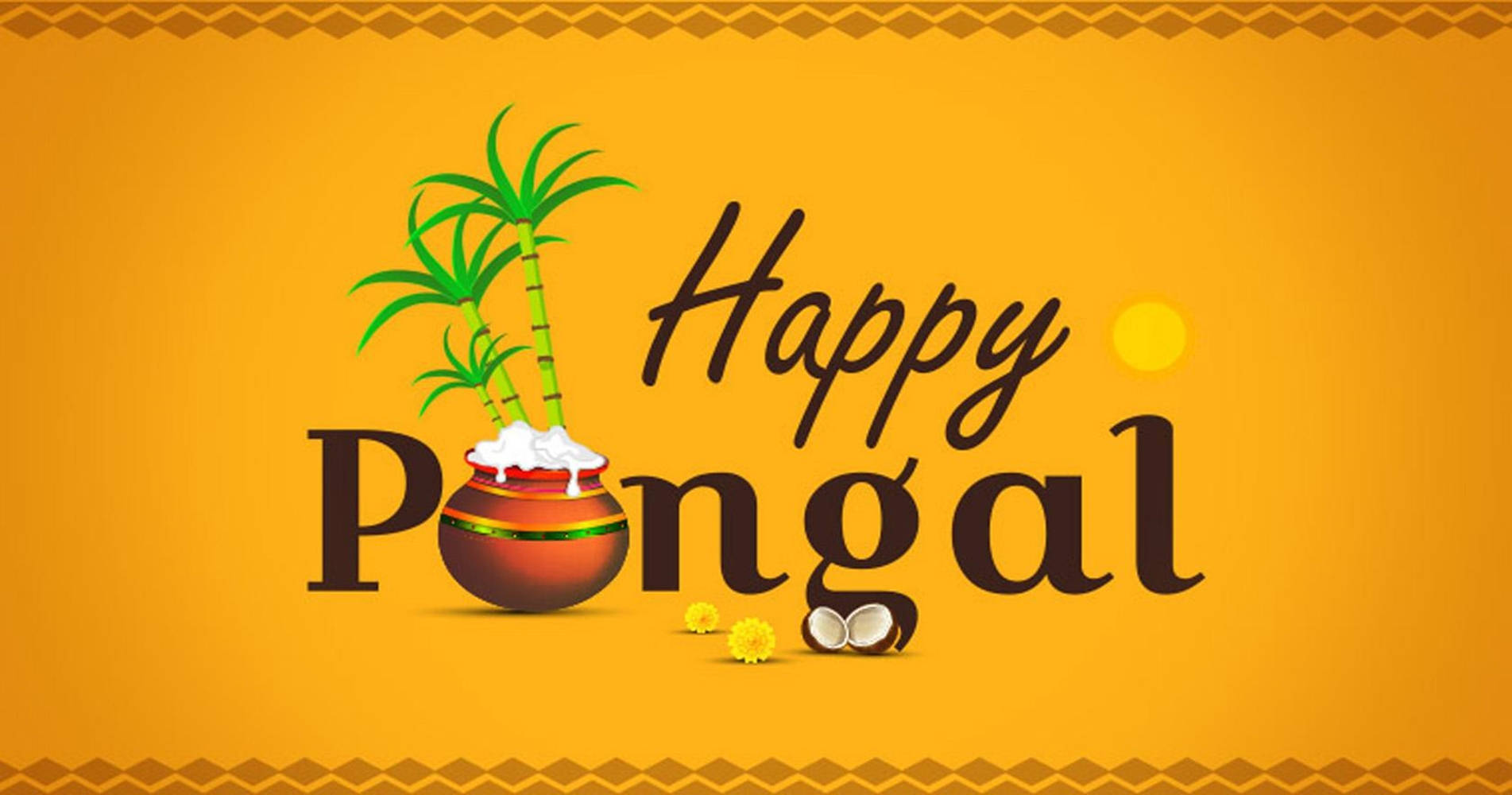 Happy Pongal節日問候，金色背景上有米飯、椰子和棕櫚樹的鍋子。