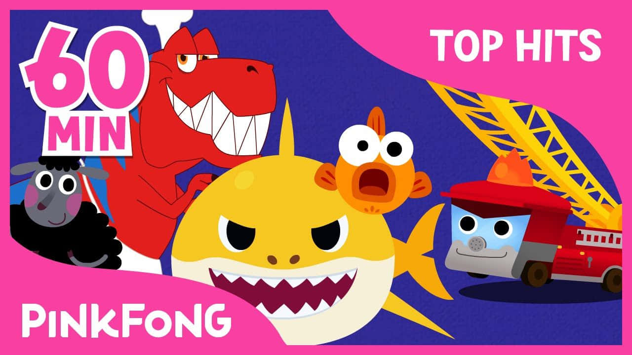 Pinkfong 兒童卡通角色，包括鯊魚、恐龍和消防車。