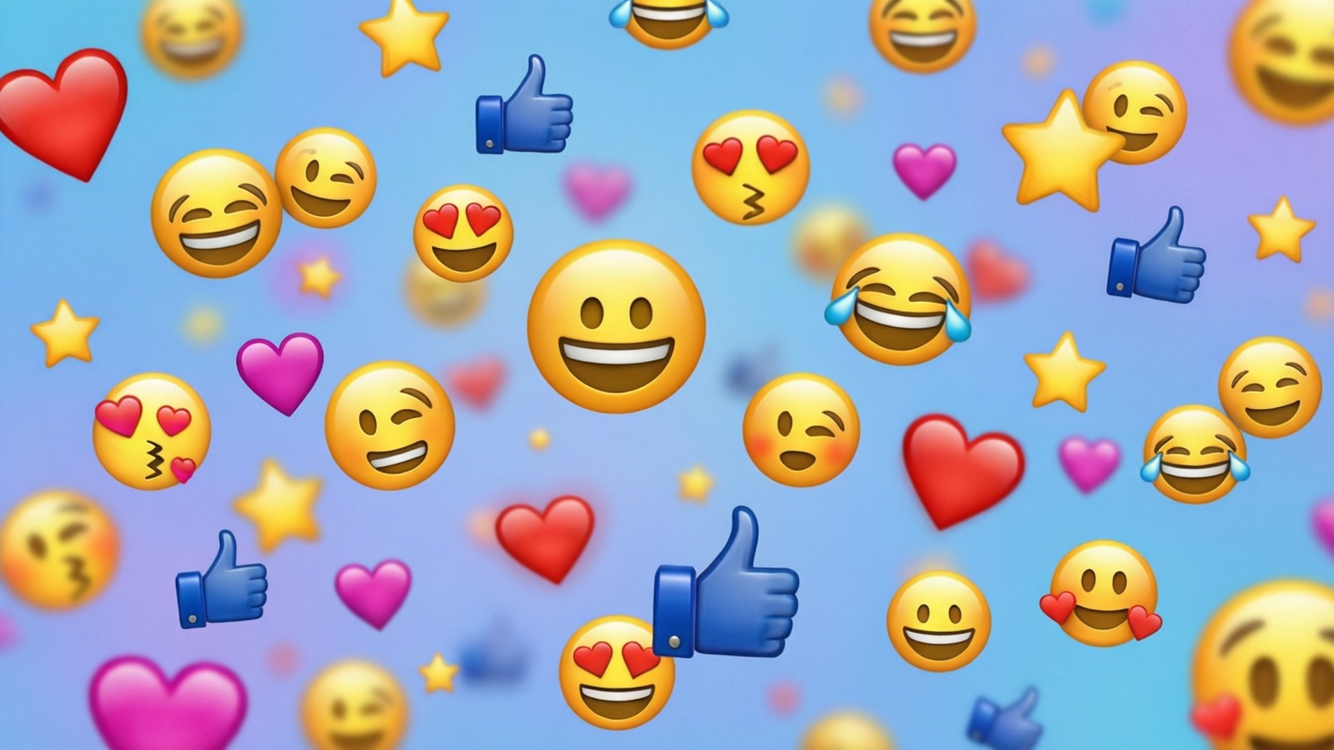 歡樂Emoji飛濺 壁紙 — 充滿活力的藍色漸變背景，佈滿漂浮的笑臉表情符號、心形和星星，營造出歡樂的數位慶祝氣氛。